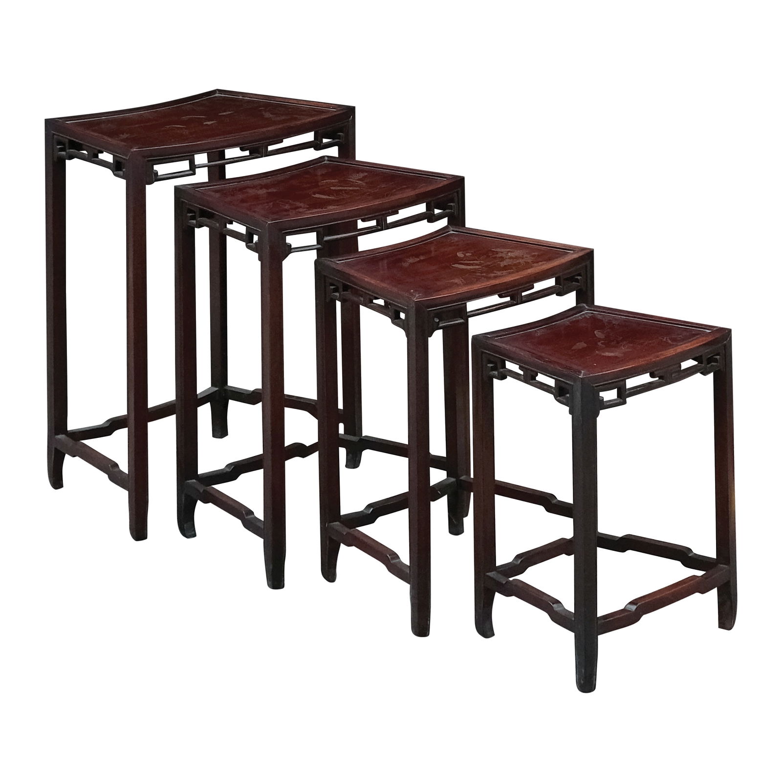 A Nest of Tables: rosewooda. H: 18 1/2” (47 cm)L:13 3/4” (35 cm)W: 10 3/4” (27 cm) b. H: 21” (53 cm)L: 15 3/4” (40 cm)W: 11 1/2” (29 cm) c. H: 24” (61 cm)L: 17 3/4