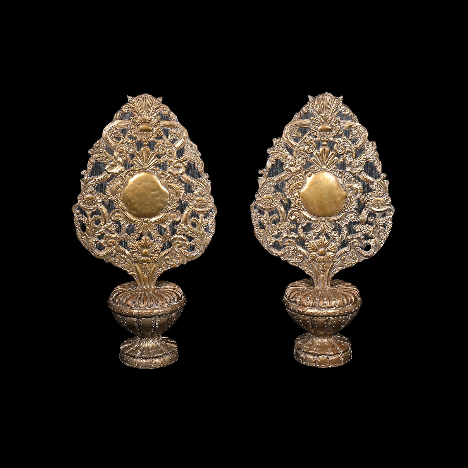 A Pair of Circa 1940’s Ramilletes: PROPERTY OF A DISTINGUISHED LADY brass, woodH: 19 1/4” (49 cm)L: 10” (25 cm)W: 5 1/2” (14 cm)