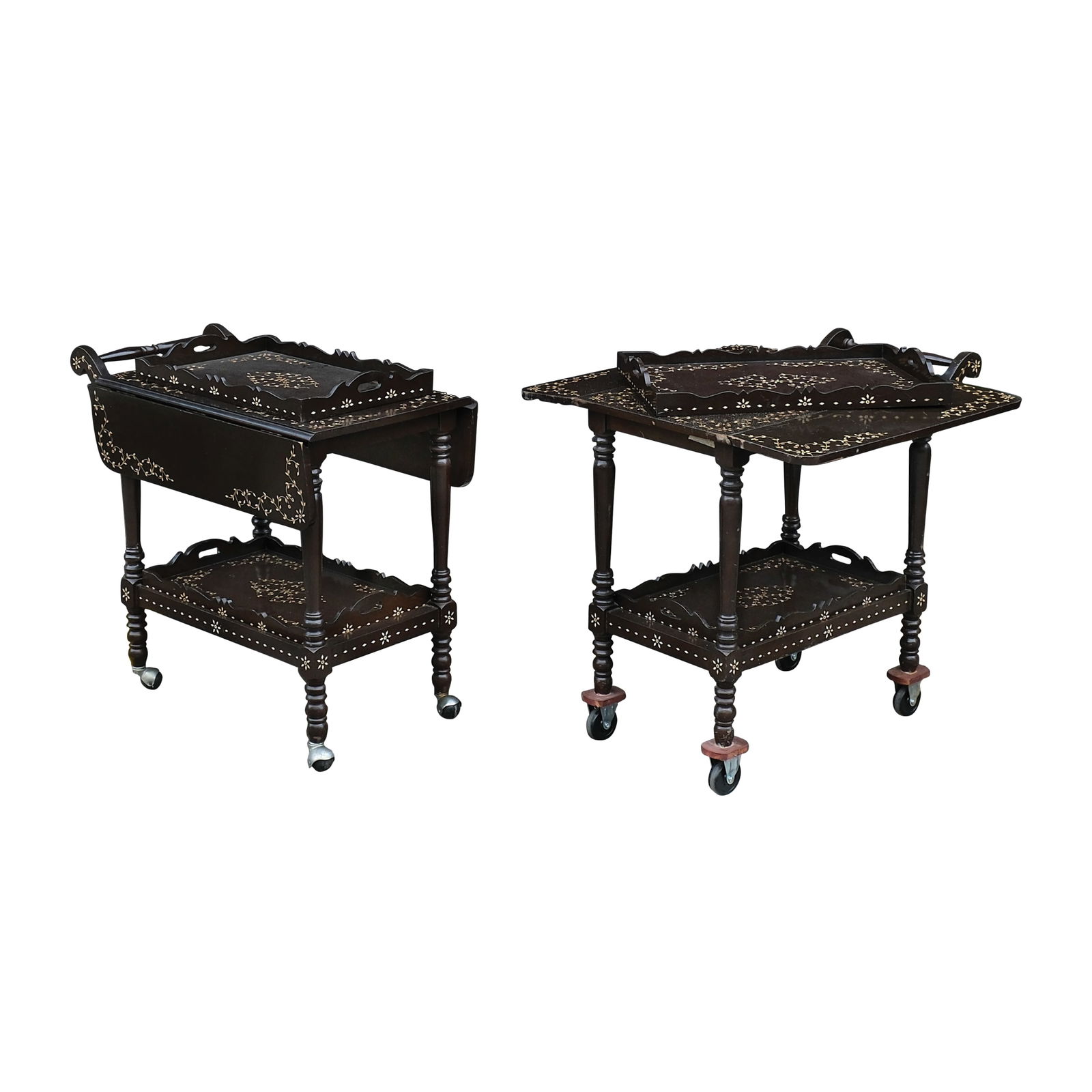 A Pair of Serving Carts: PROPERTY OF A DISTINGUISHED LADY hardwood with bone inlaynormal:a.) H: 32” (81 cm)L: 33” (84 cm)W: 19” (48 cm) b.) H: 33 3/4” (86 cm)L:33” (84 cm)W:19” (48 c