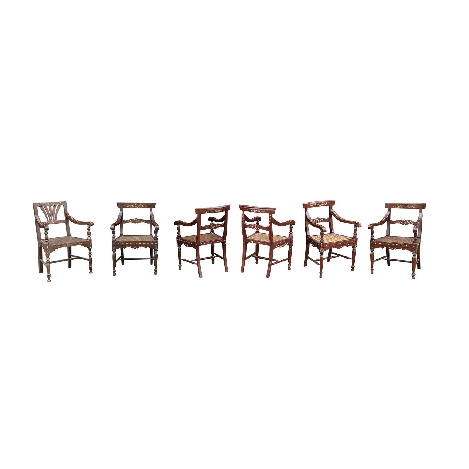 Six Baliuag Armchairs: PROPERTY OF A DISTINGUISHED LADY narra with bone inlaya.) H: 36 3/4” (93 cm)L: 21” (53 cm)W: 24 1/2” (62 cm) b.) H: 35 1/2” (90 cm)L: 22” (56 cm)W: 24&rdquo