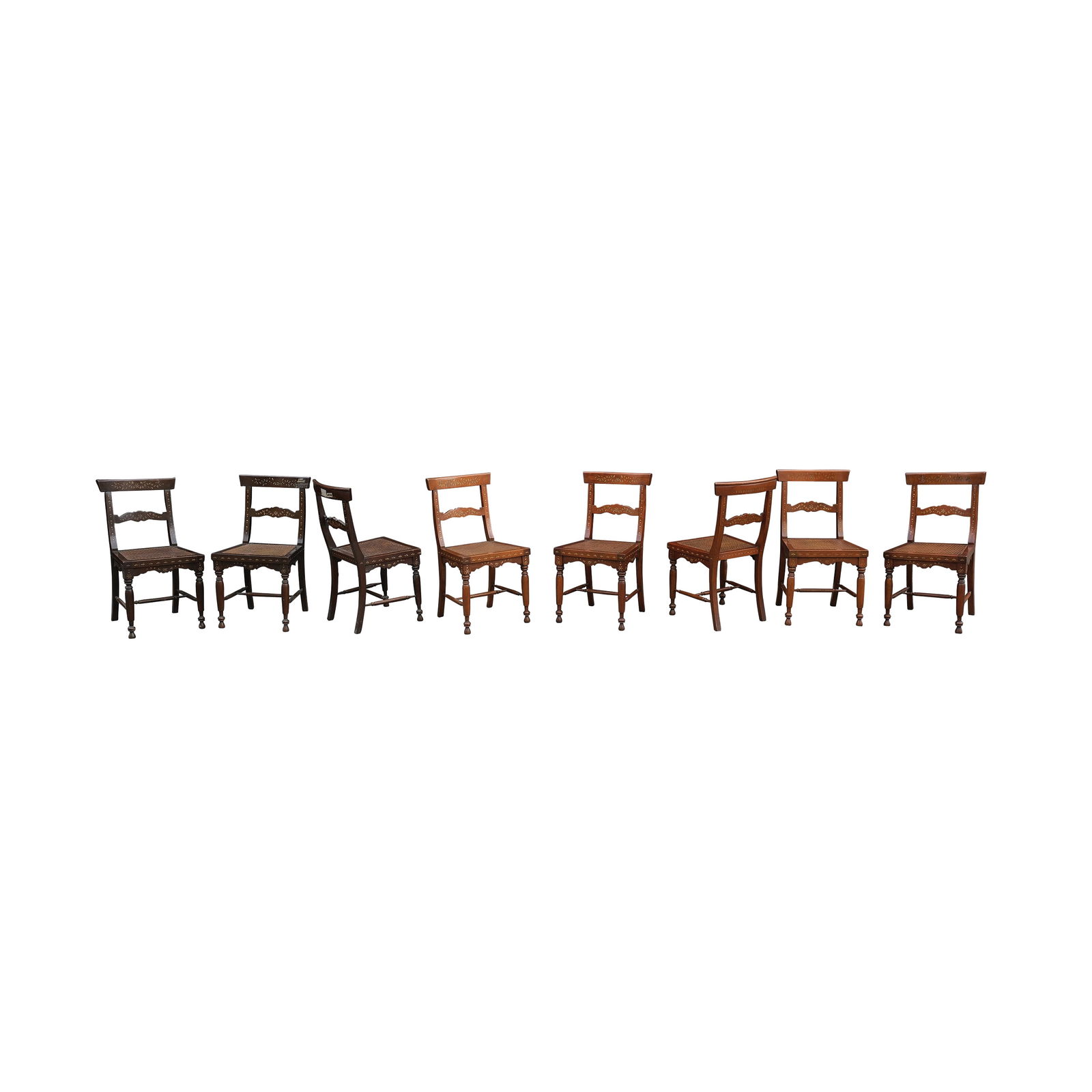 Eight Dining Chairs: PROPERTY OF A DISTINGUISHED LADY narra with bone inlayH: 34” (86 cm)L:16” (41 cm)W: 18” (46 cm)