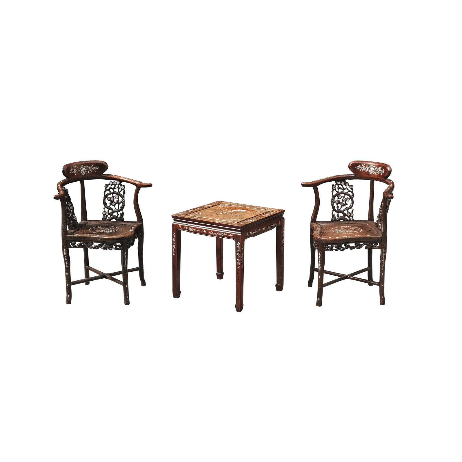 A Pair of Oriental Corner Chairs and Table: rosewood with mother-of-pearl inlay armchair: H: 32 1/2” (83 cm) L: 26” (66 cm) W: 22” (56 cm) table: H; 21” (53 cm) L: 20” (51 cm) W: 20” (51 cm)