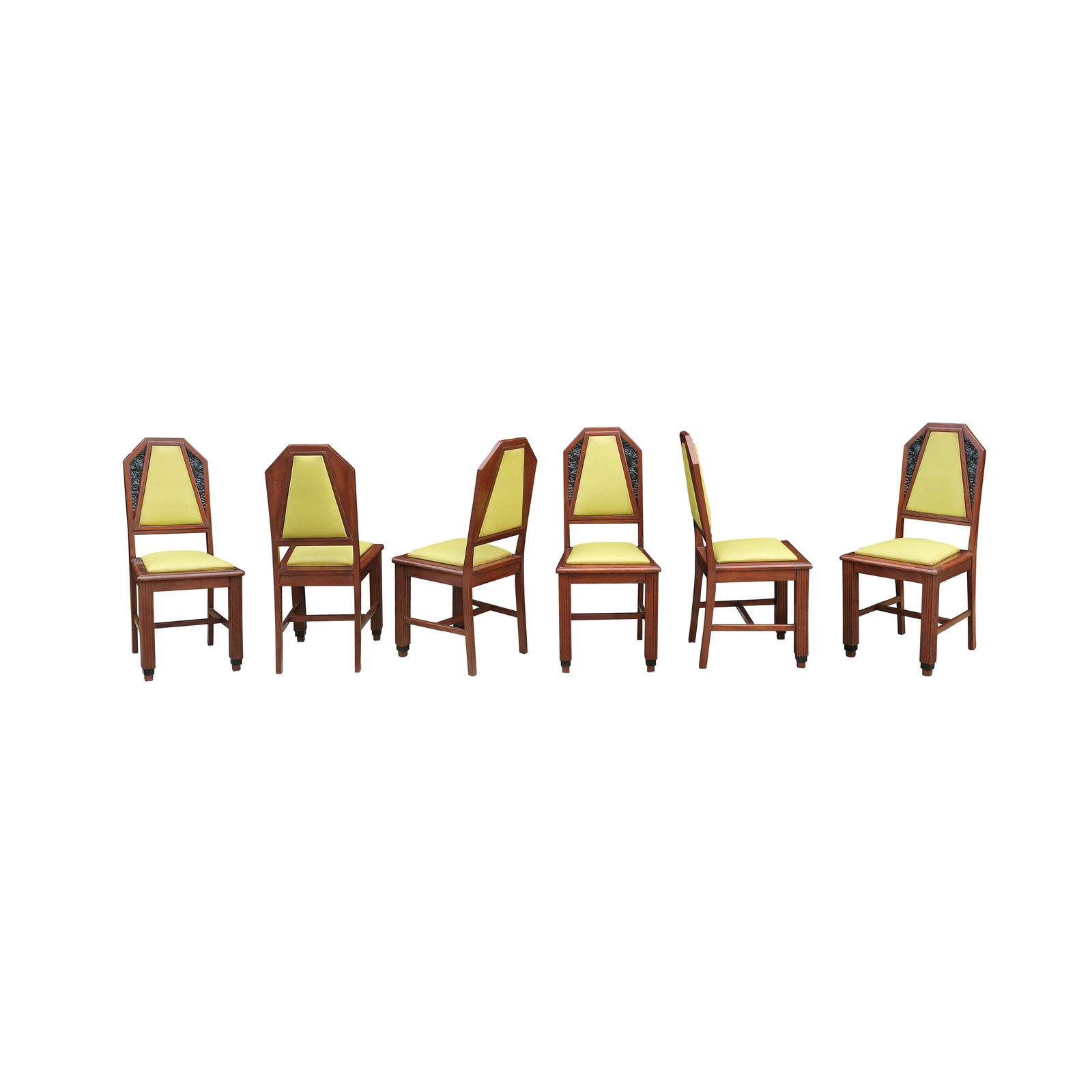 Six Circa 1930’s Art Deco Dining Chairs: PROPERTY OF A DISTINGUISHED LADY narra H: 38” (97 cm) L: 17 1/2” (44 cm) W:17” (43 cm)