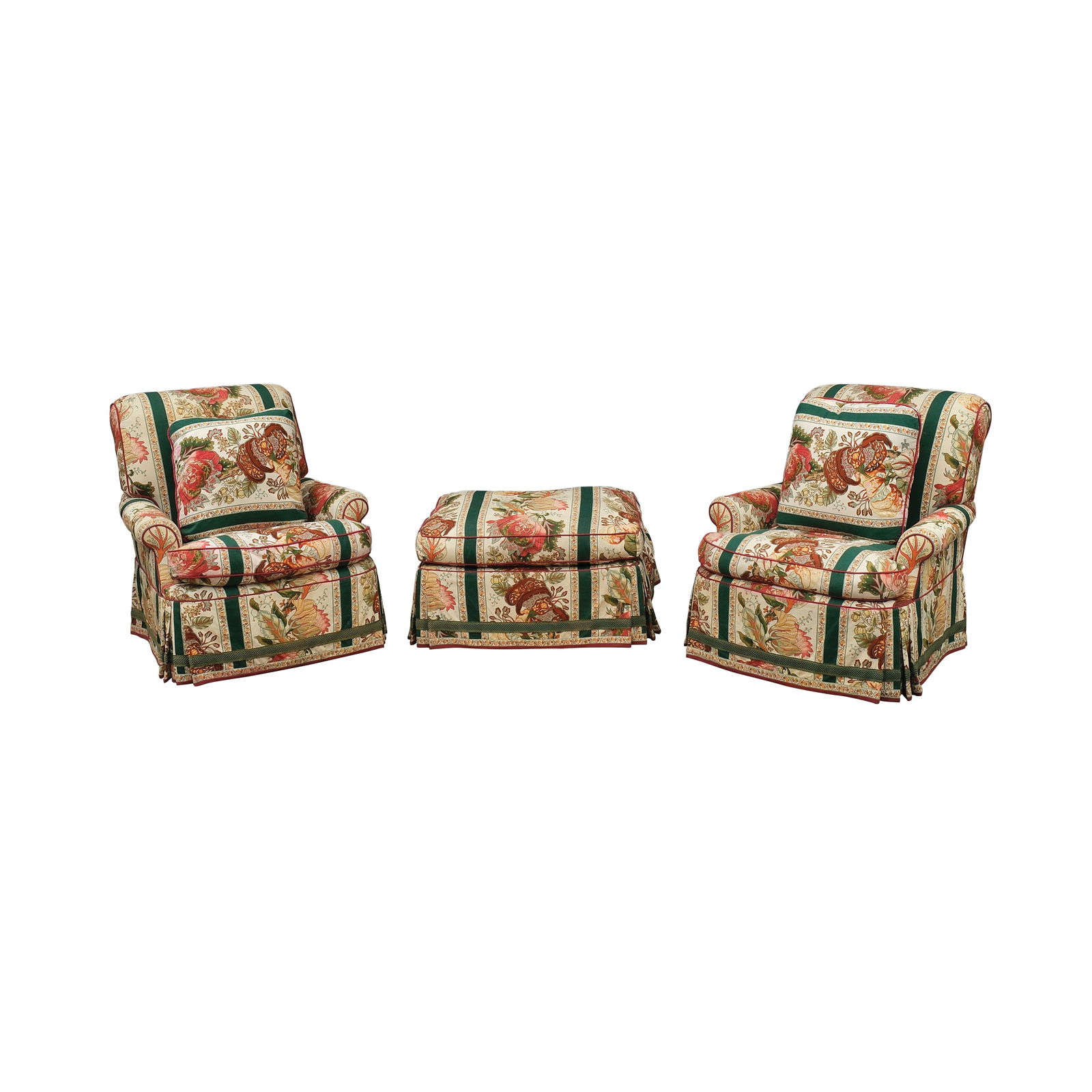 A Pair of Bergere Chairs and a Footstool: PROPERTY OF A DISTINGUISHED LADY armchairs:H: 35” (89 cm)L: 28” (71 cm)W: 32” (81 cm) foot stool:H:19” (48 cm)L:32” (81 cm)W:24” (61 cm)