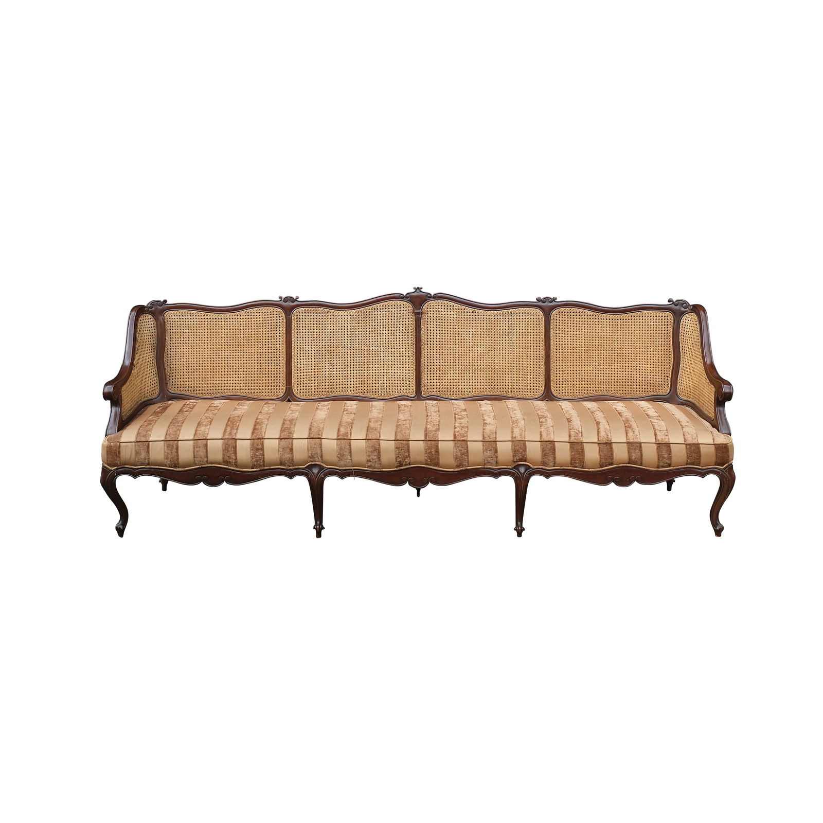A Circa 1920’s Sofa: PROPERTY OF A DISTINGUISHED LADY narra with solohiyaH: 37 3/4” (96 cm)L: 101” (257 cm)W: 26” (66 cm)