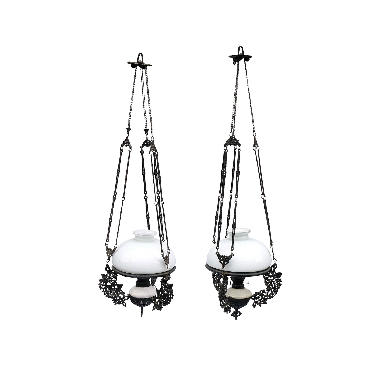 A pair of 19th Century Pulley lamps: PROPERTY OF A DISTINGUISHED LADY a.) H: 45 3/4” (116 cm)D: 14” (36 cm) b.) H: 46 1/2” (118 cm)D: 14” (36 cm)