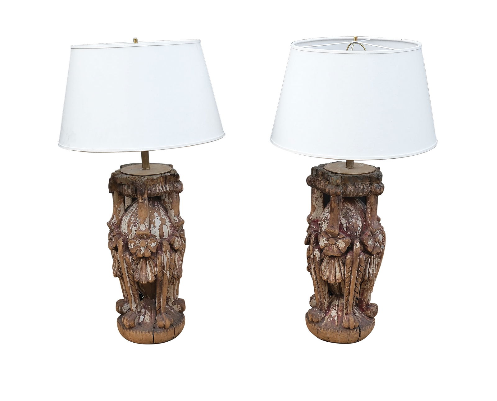 A Pair of Table Lamps: PROPERTY OF A DISTINGUISHED LADY shade: 13 1/4” x 22 3/4” (35 cm x 58 cm)body: 43” x 11” (109 cm x 28 cm)