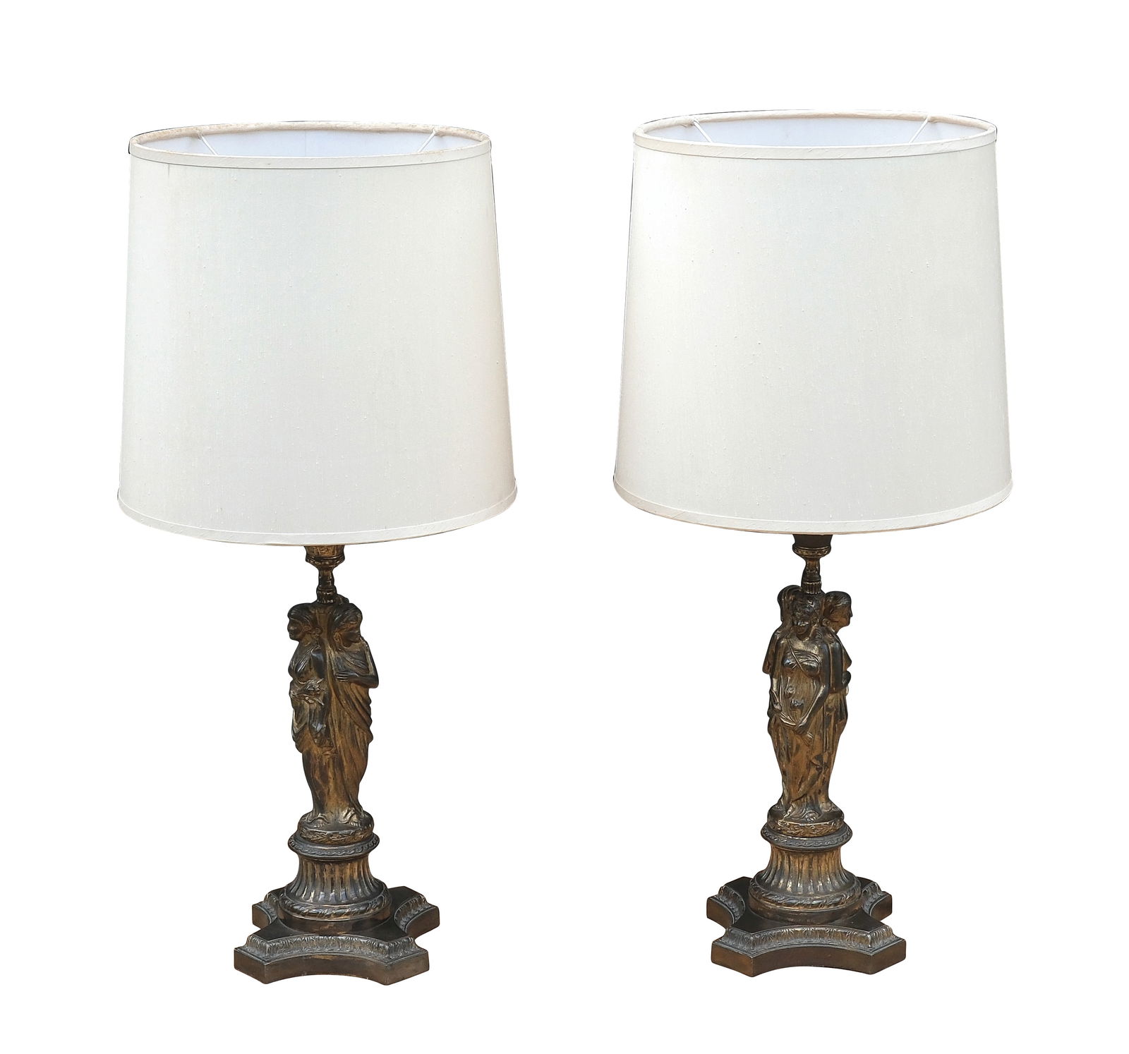 A Pair of Table Lamps: PROPERTY OF A DISTINGUISHEDLADY shade: 18 1/4” x 20” (46 cm x 51 cm)body: 40” x 12” (102 cm x 30 cm)