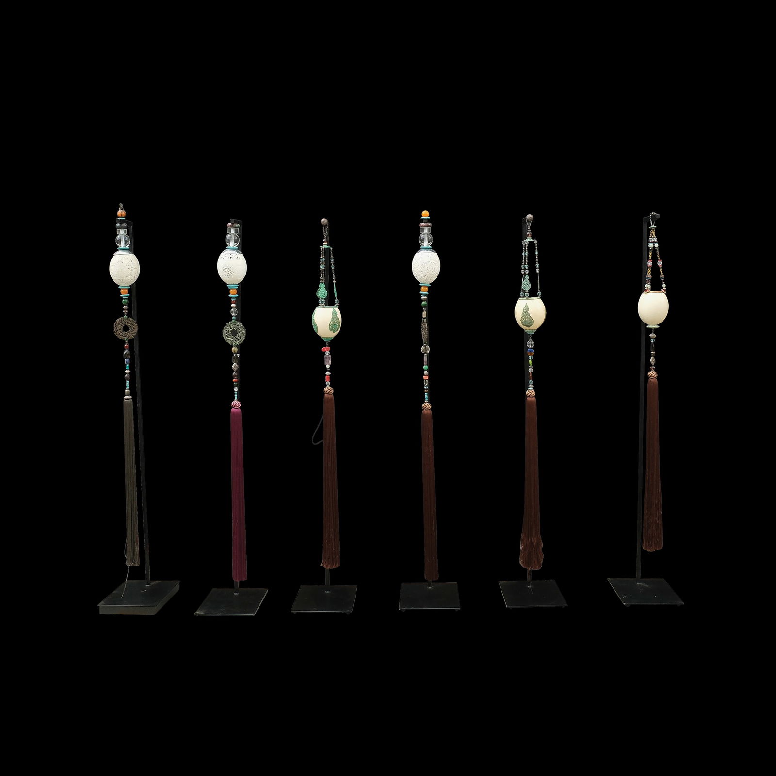 Six Ostrich Egg Floor Lamps: PROPERTY OF A DISTINGUISHED LADY a.) H: 65 1/2” (166 cm)L: 10” (25 cm)W: 14” (36 cm) b.) H: 65 1/4” (166 cm)L: 10” (25 cm)W: 14” (36 cm) c.) H: 65&rd