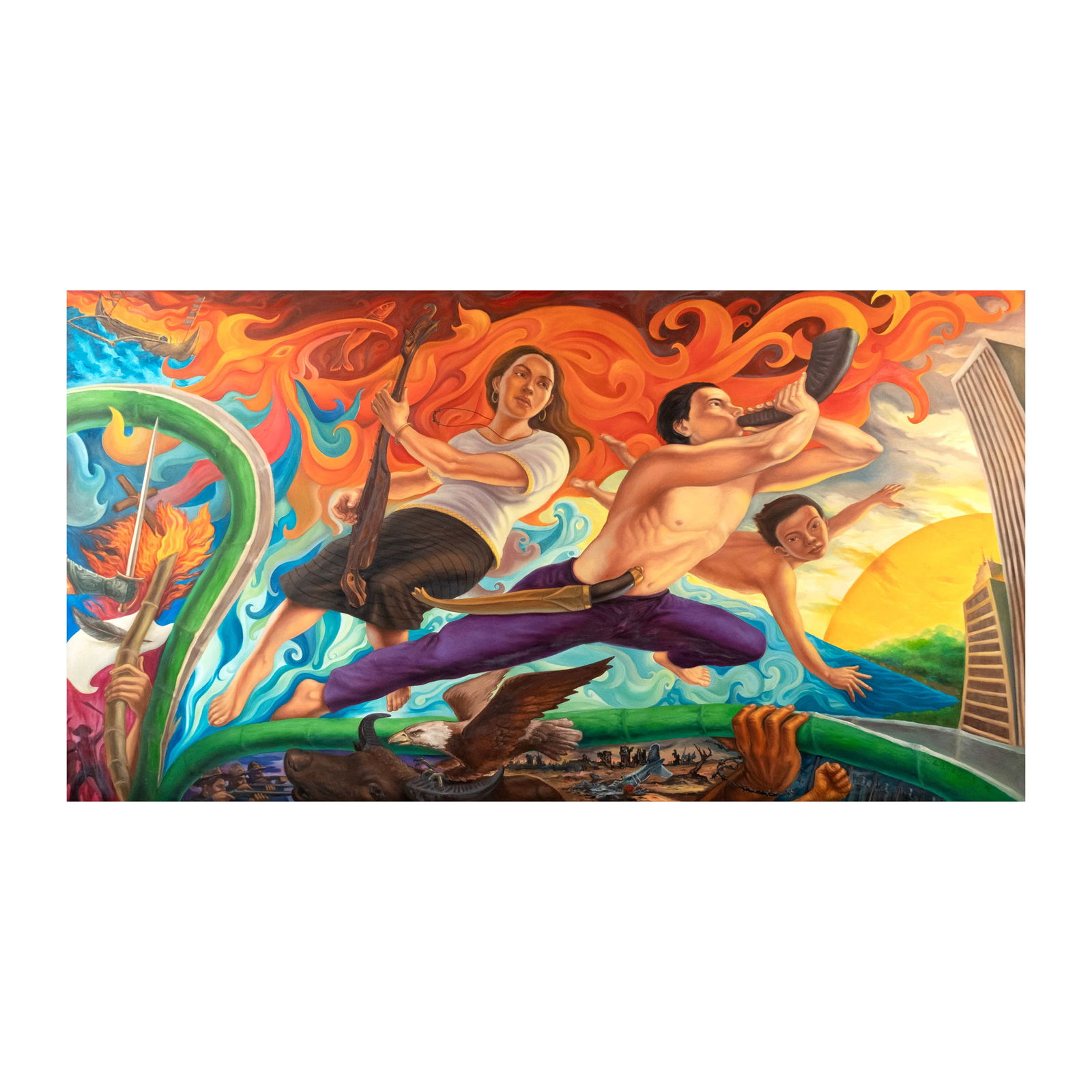 Sanggawa Elmer Borlongan (b. 1967) Karen Ocampo-Flores (b. 1966) Mark Justiniani (b. 1966) Joy: Paglaom Padayonsigned and dated 1996 (lower right)oil on canvas78" x 147" (198 cm x 373 cm) The Sanggawa collective, founded in December 1994 by Elmer Borlongan, Karen Flores, Mark Justiniani, Joy Mal