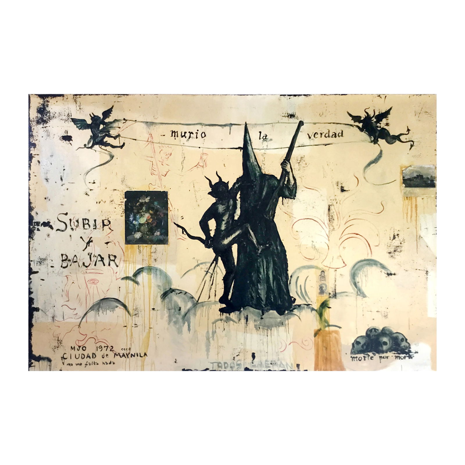 Manuel Ocampo (b. 1965): Murio la Verdadsigned (verso)dated 1990oil and collage on canvas72" x 108" (183 cm x 274 cm)PROVENANCERo Gallery, Summer Modern and Contemporary Art Auction,New York City, 17 July 2018, Lot 294