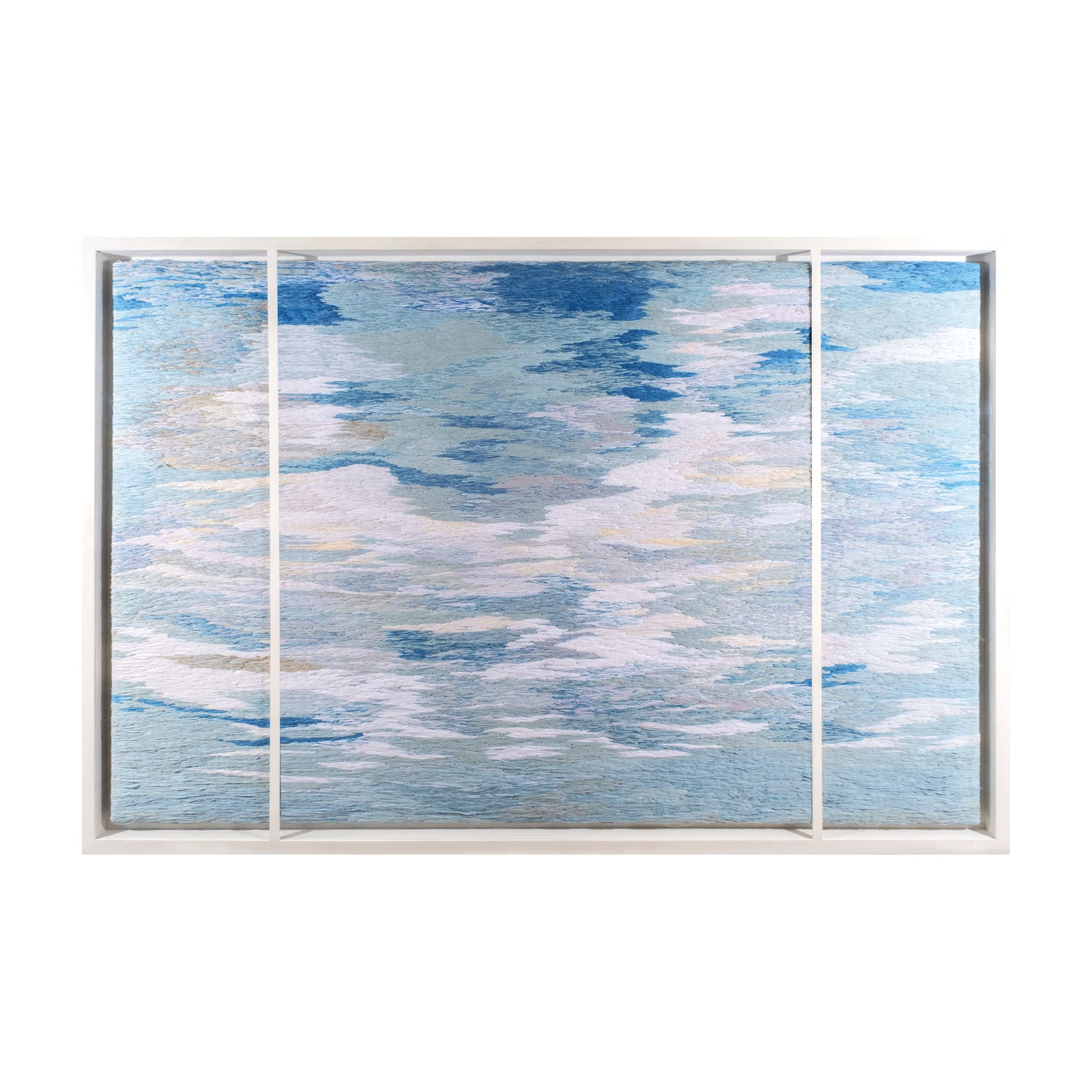 Raffy Napay (b. 1986): Skyfabric, cotton thread76" x 118 1/2" (193 cm x 301) Employing woven threads as his brush torecontextualize vastness as a form of visual language,Raffy Napay's Sky literally provides a window intosom