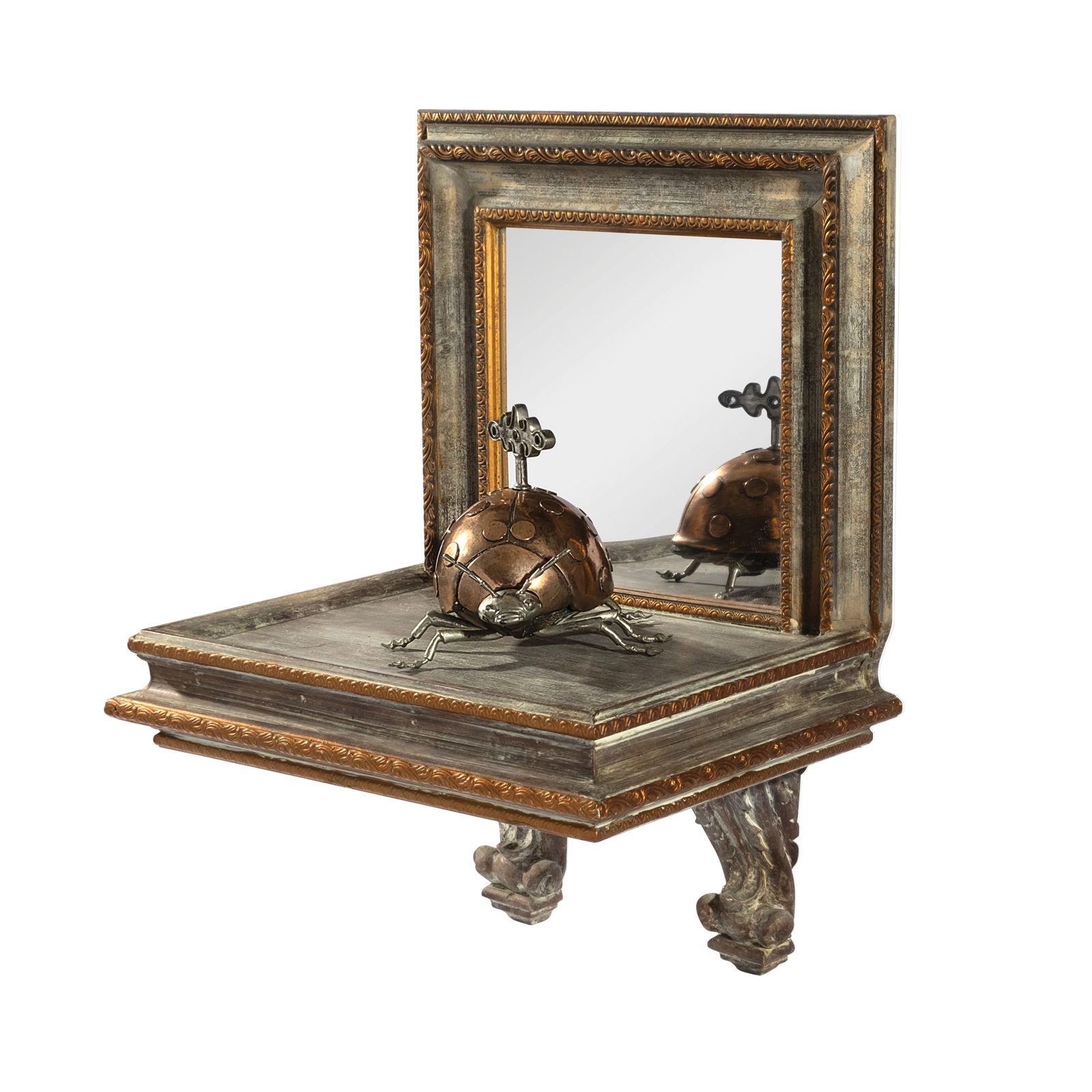 Daniel dela Cruz (b. 1966): Fanfaresigned and dated 2018nickel, copper, brass beetle:H: 5" (13 cm)L: 6" (15 cm)W: 6 1/4" (16 cm) stand:H: 19" (48 cm)L: 10" (25 cm)W: 14" (36 cm) Fanfar