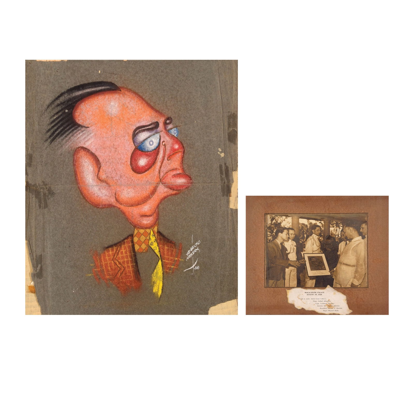 Generoso Cabrera (1919 - 1988): Portrait of Manuel L. Quezonsigned and dated 1936 (lower right)pastel on paper14” x 11 3/4” (36 cm x 30 cm) accompanied by a photo of its presentation to PresidentManuel L. Quezon a