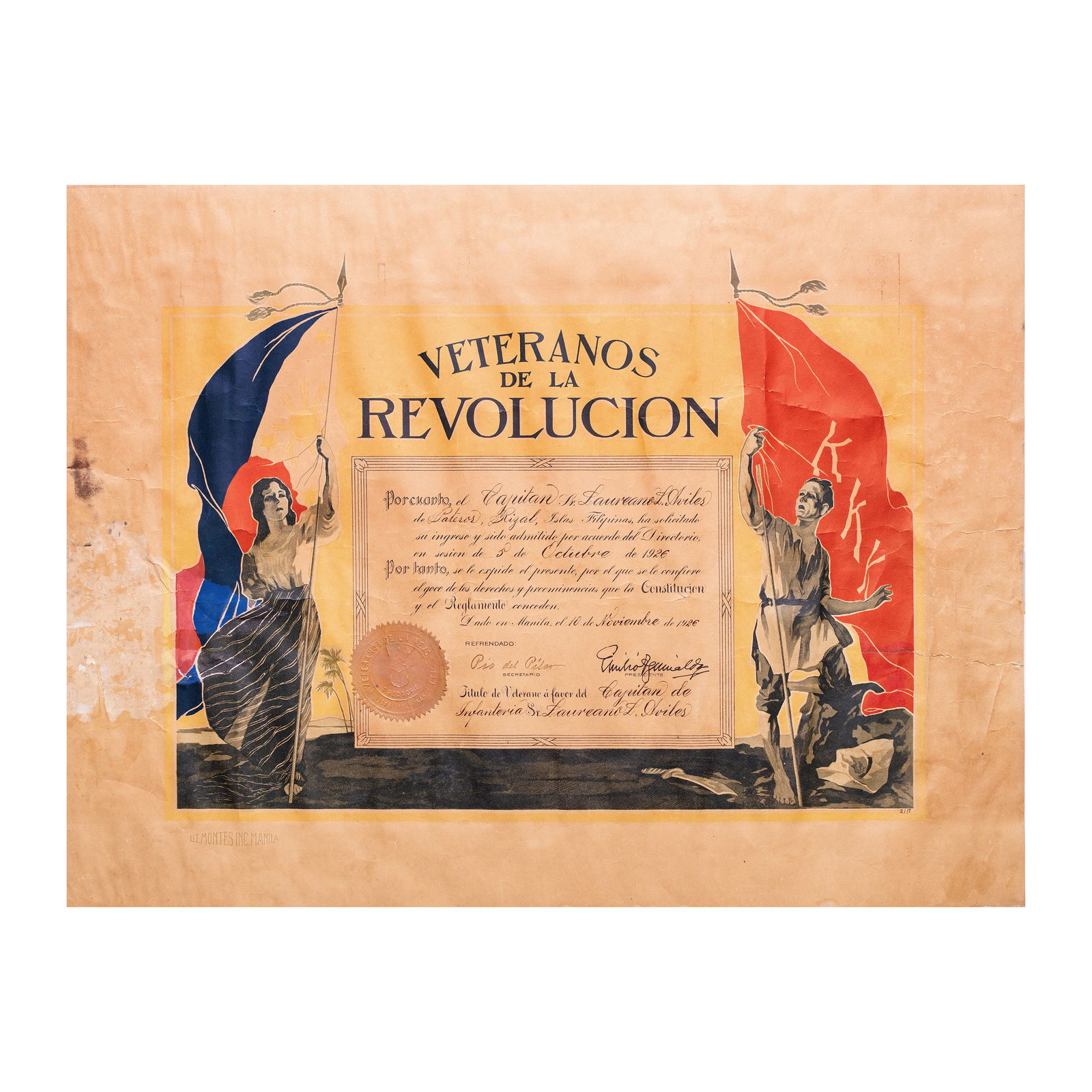 Veteranos de la Revolucion Certificate of Membership for Capitan Laureano L Aviles of Pateros Rizal (1 of 1)