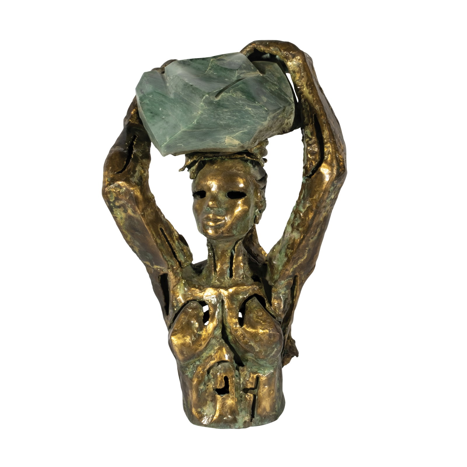 Solomon Saprid (1917 - 2003): "Jade Carrier" (One of a Series)signed and dated 2-2-88bronze and jadeH: 17 1/4" (44 cm)L: 7 1/2" (19 cm)W: 11 1/4" (29 cm) Accompanied by a certificate issued by the heirs of the artistconfir