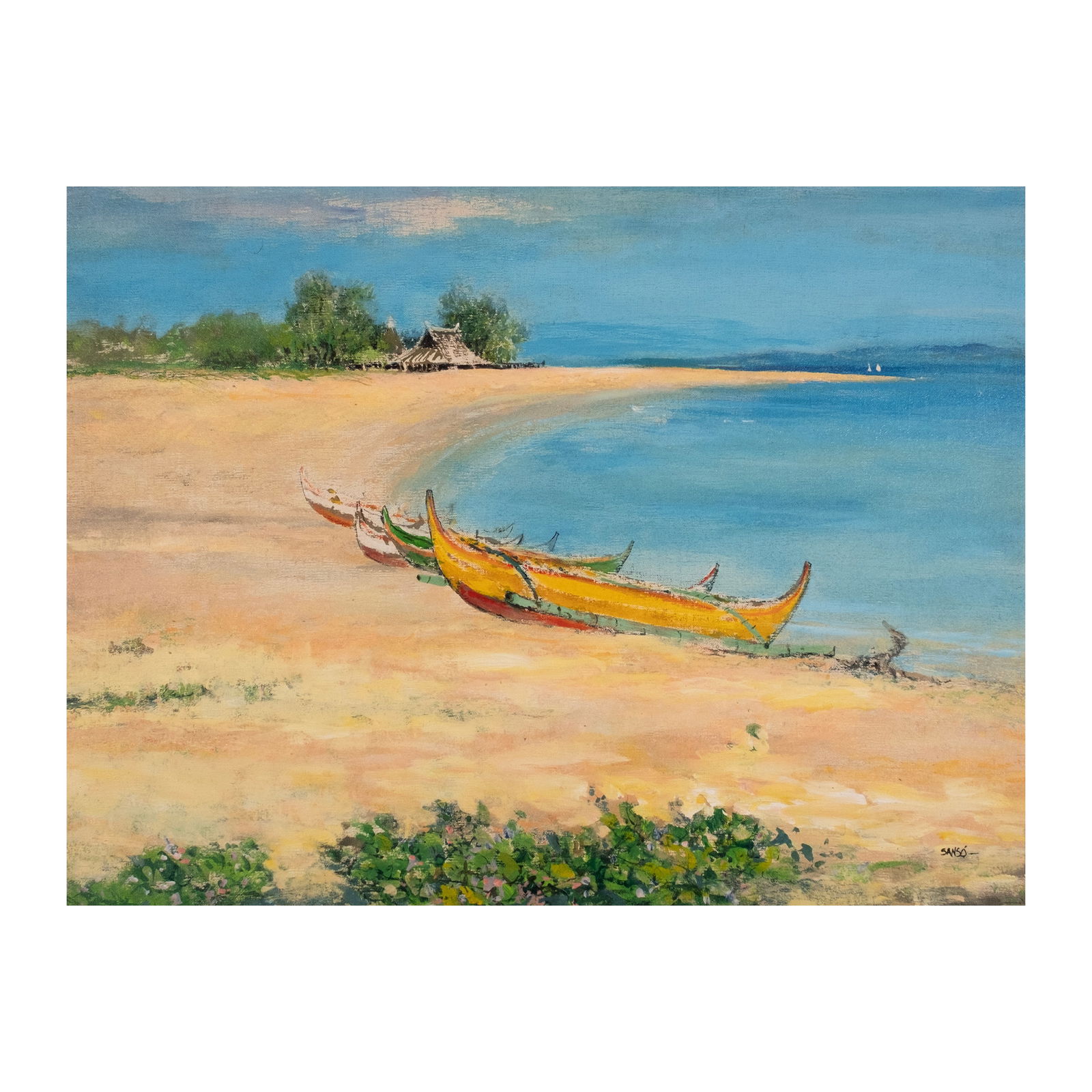 Juvenal Sansó (1929 - 2025): Zambales Fishing Boatssigned (lower right)ca.1980soil and acrylic on canvas17 1/2" x 23 1/2" (44 cm x 60 cm) Accompanied by a certificate issued by Fundacion Sansóconfirming the authenti