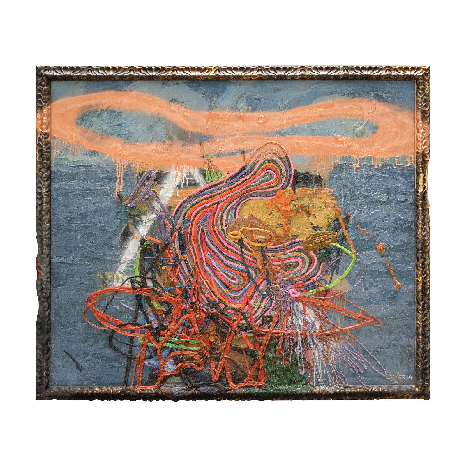 Jigger Cruz (b. 1984): Untitledsigned and dated 2014 (lower right)oil on canvas65 1/4" x 77 1/4" (166 cm x 196 cm) “The act of destroying the works is Jigger’s way of making himself partof the story. That