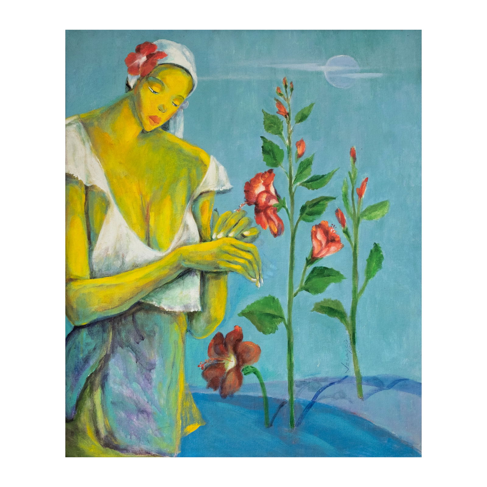 Lydia Velasco (b. 1942): Gumamelasigned and dated 2002 (lower right)acrylic on canvas36" x 30" (91 cm x 76 cm) PROVENANCEWest Gallery While hibiscus plants’ meaning and symbolism differ across cultures, t