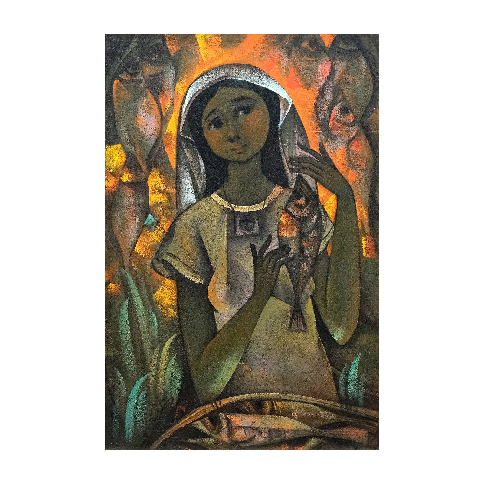Roger San Miguel (b. 1940): Untitledsigned (lower left)oil on canvas36” x 23 3/4” (91 cm x 60 cm)Combining symbolism, stylized figures, and earthy palettes to explore corethemes of Filipino identity, spirituality, an