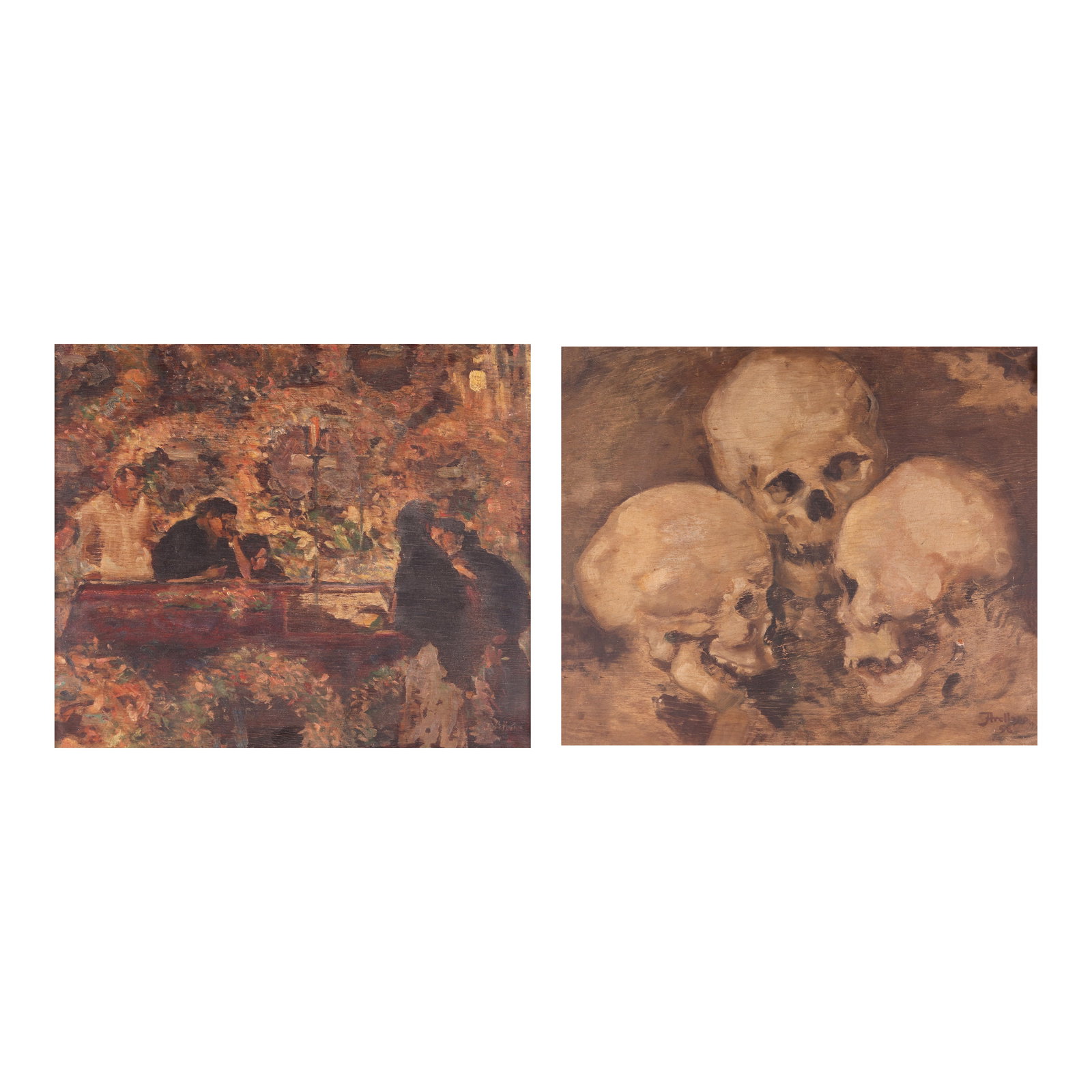 Juan Arellano (1888 - 1960): a.) The Wakeca.1950signed (lower right)oil on wood16” x 18 1/2” (41 cm x 47 cm) b.) Three Skullssigned and dated 1958 (lower right)oil on wood18 1/2” x 15 1/2” (47 cm x 39 cm)