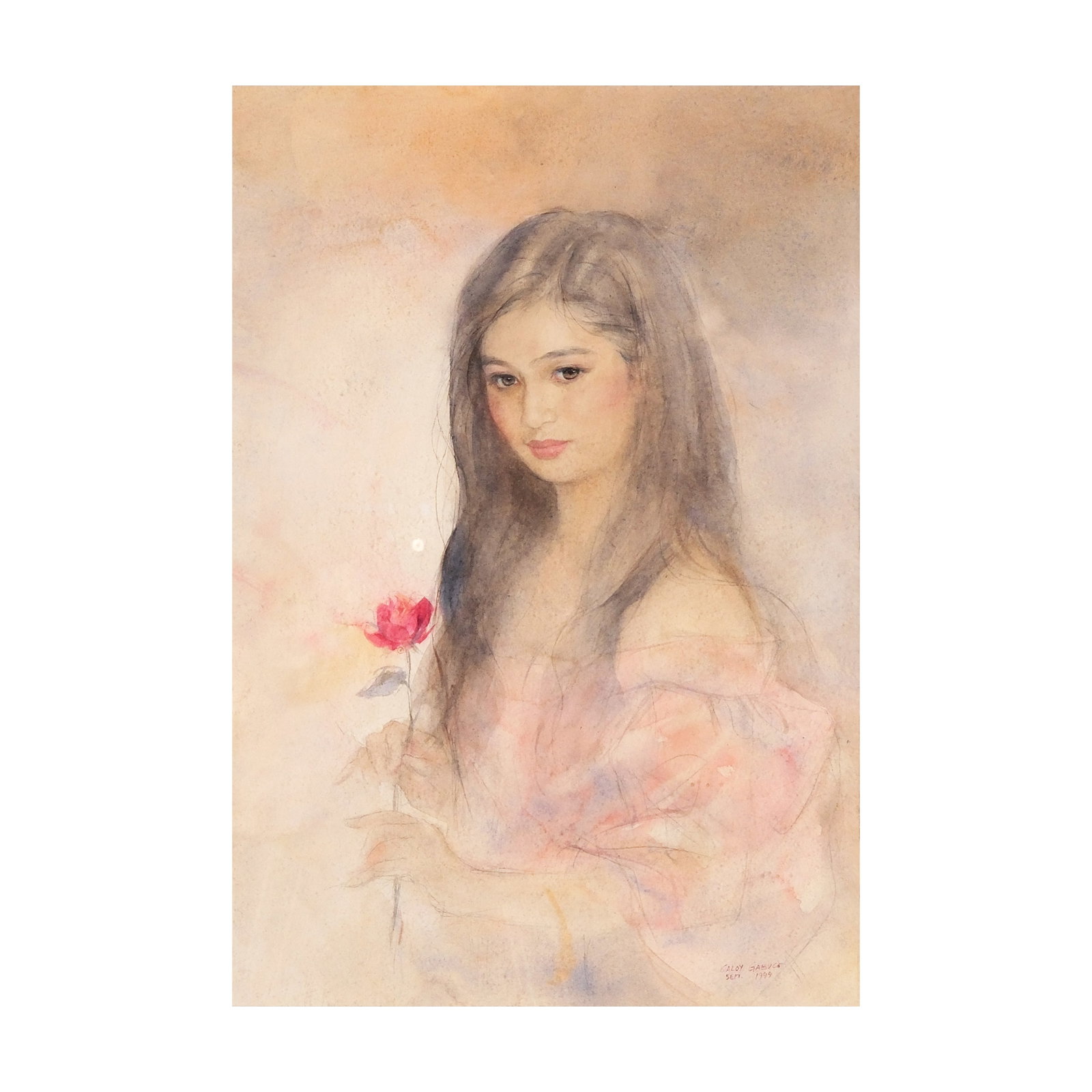 Caloy Gabuco (b. 1956): PROPERTY FROM THE VIC SALTA COLLECTIONPortrait of a Girlsigned and dated 1999 (lower right)mixed media on paper17 1/2” x 11 3/4” (44 cm x 30 cm)