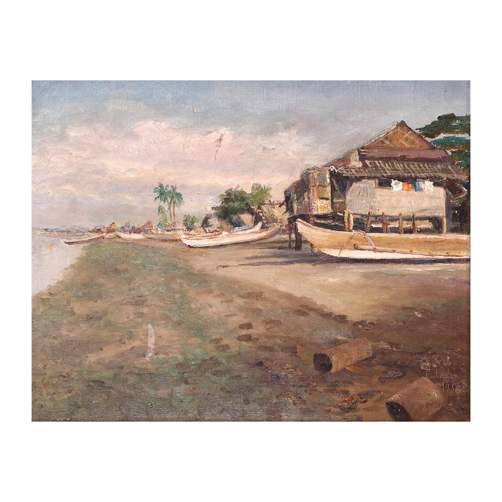 Elias Laxa (1904 - 1990): PROPERTY FROM THE VIC SALTA COLLECTIONSeascapesigned and dated 1958 (lower right)oil on canvas11” x 14” (28 cm x 36 cm) In this 1958 Seascape, Elias Laxa paints a quaint portrait of the se