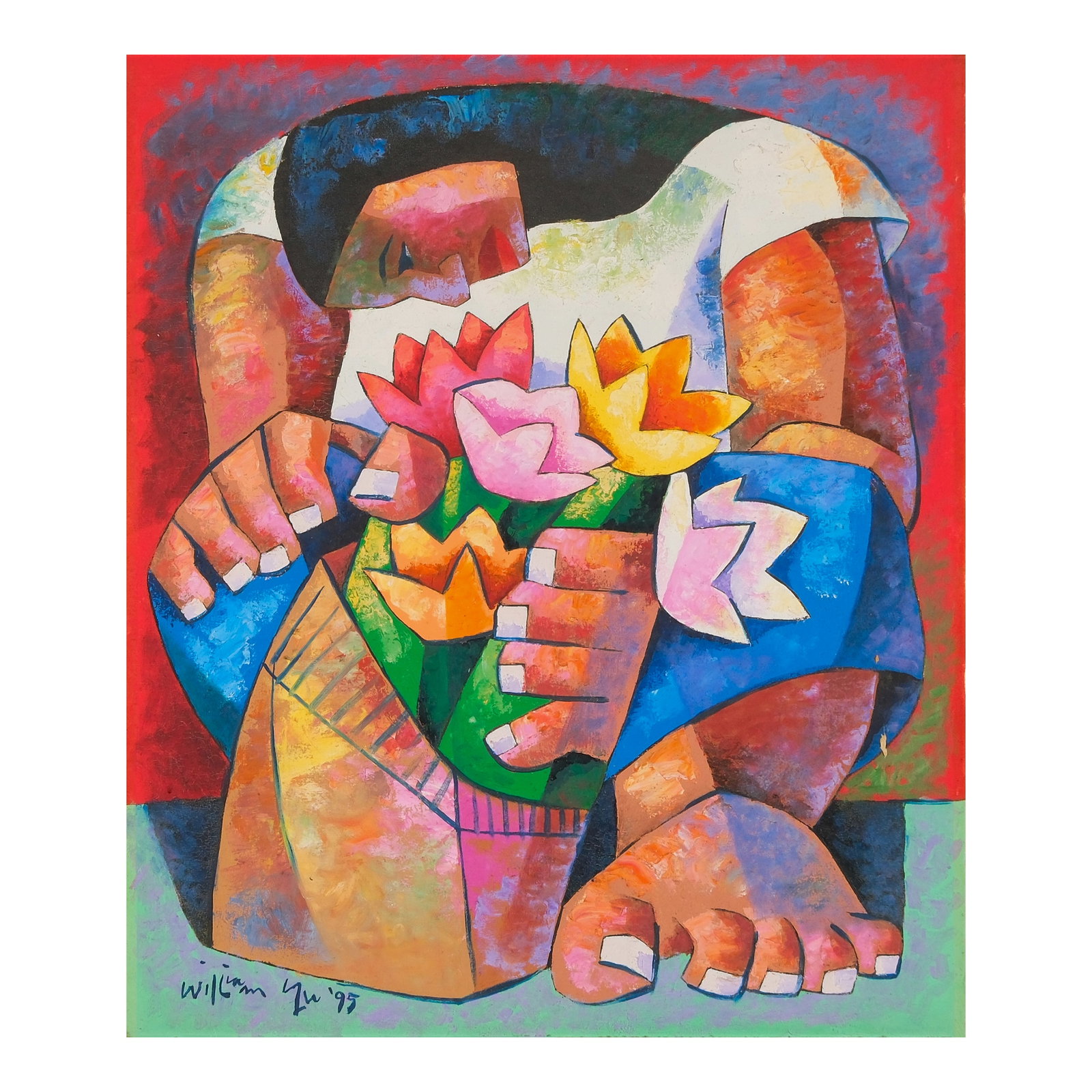 William Yu (b. 1954): Untitledsigned and dated 1995 (lower left)oil on canvas35” x 30” (89 cm x 76 cm) A visual masterpiece that can be read as an exploration of human emotion and identity, as well as the act o