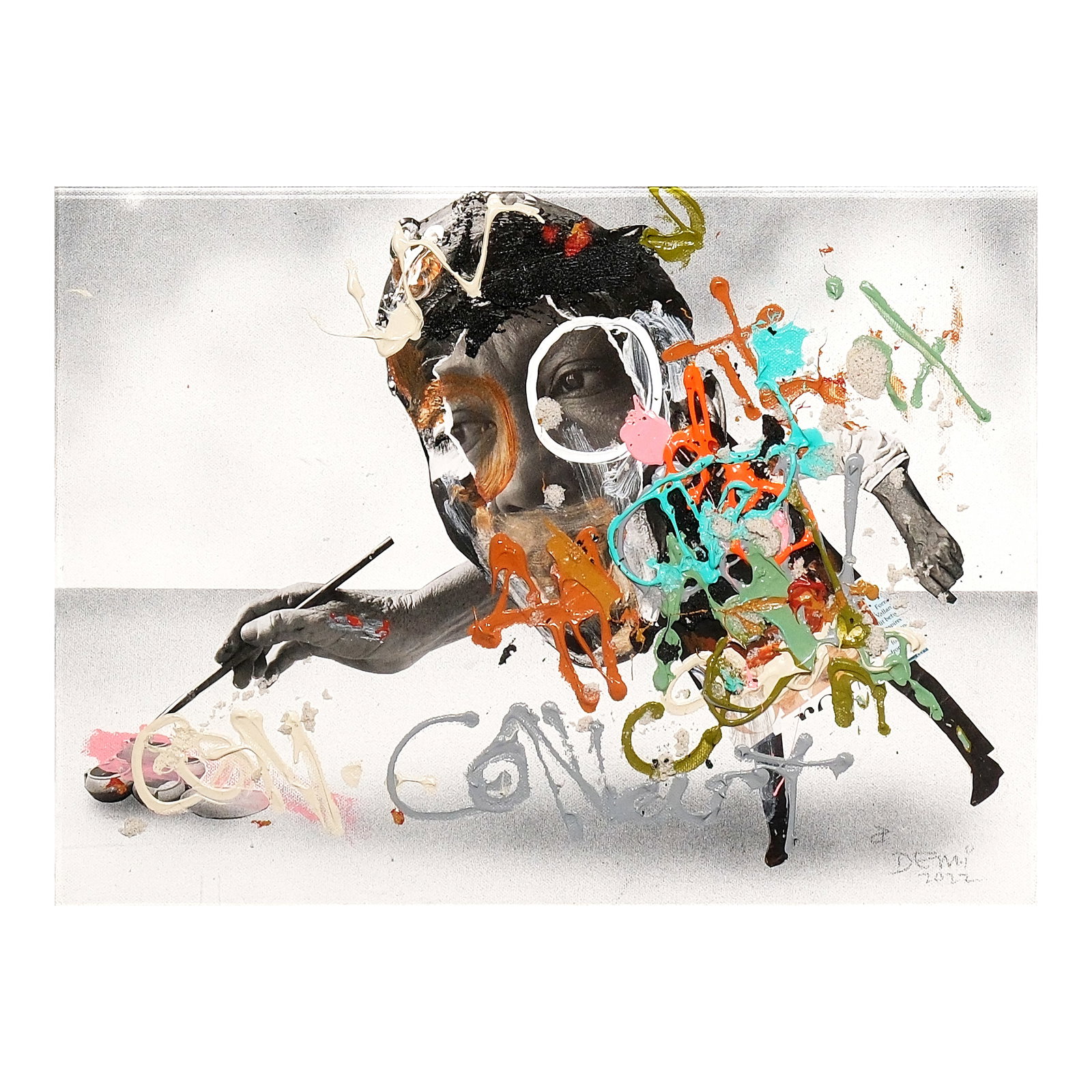 Demi Padua (b. 1977): Con Artistsigned and dated 2022 (lower right)mixed media collage on canvas12” x 16” (30 cm x 41 cm) Accompanied by a certificate issued by DF Art Agency and signed by the artist confirming