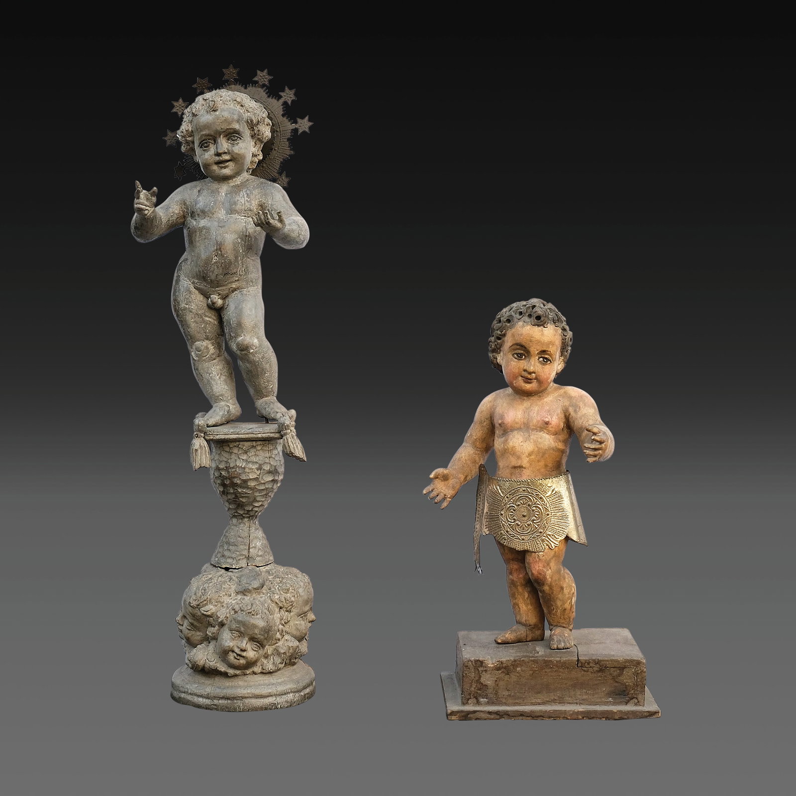 Two Santos de Bulto: hardwooda.) H: 36 1/2” (93 cm)L: 10” (25 cm)W: 8 3/4” (22 cm) b.) H: 23” (58 cm)L: 10 1/2” (27 cm)W: 12” (30 cm)