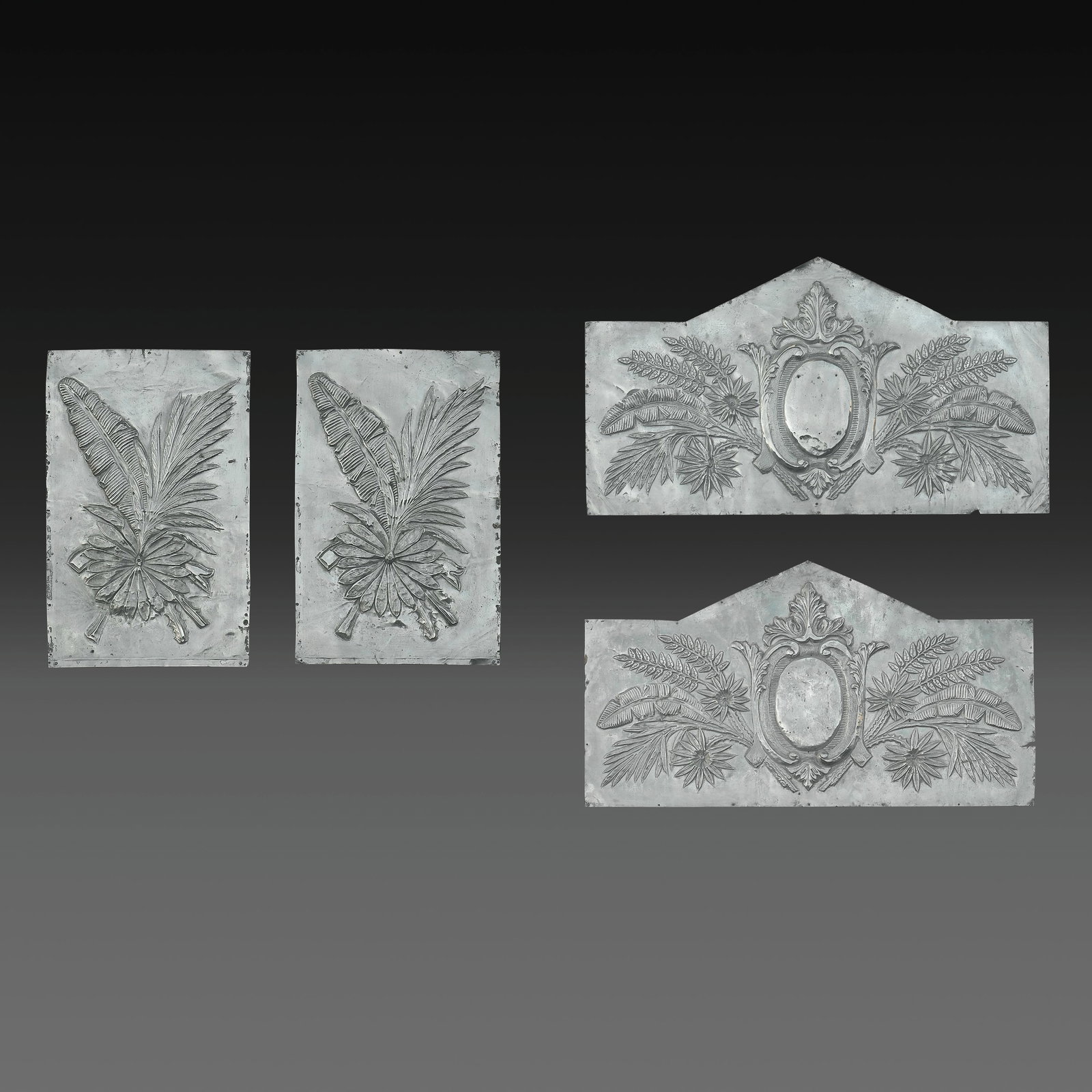 Four 19th Century Altar Frontal: silver weight: 1.224grams a.) 11” x 7 1/2” (2t8 cm x 19 cm) b.) 11” x 7 1/2” (28 cm x 19 cm) c.) 13” x 23” (33 cm x 58 cm) d.) 13” x 23” (33 cm x 58 cm)