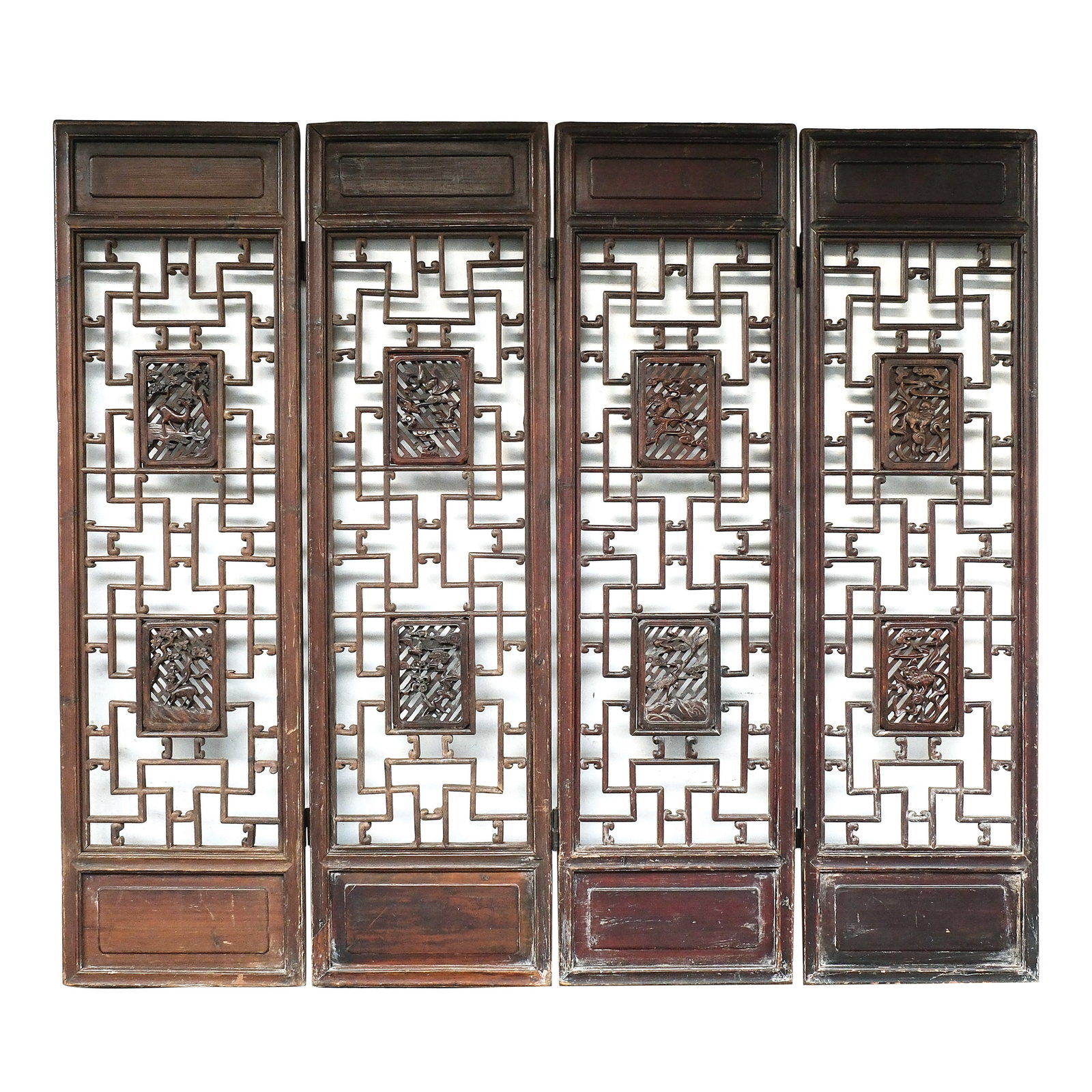 A Four Panel Oriental Screen or Room Divider: hardwoodH: 89” (226 cm)L: 78 3/4” (200 cm)W: 2” (5 cm)