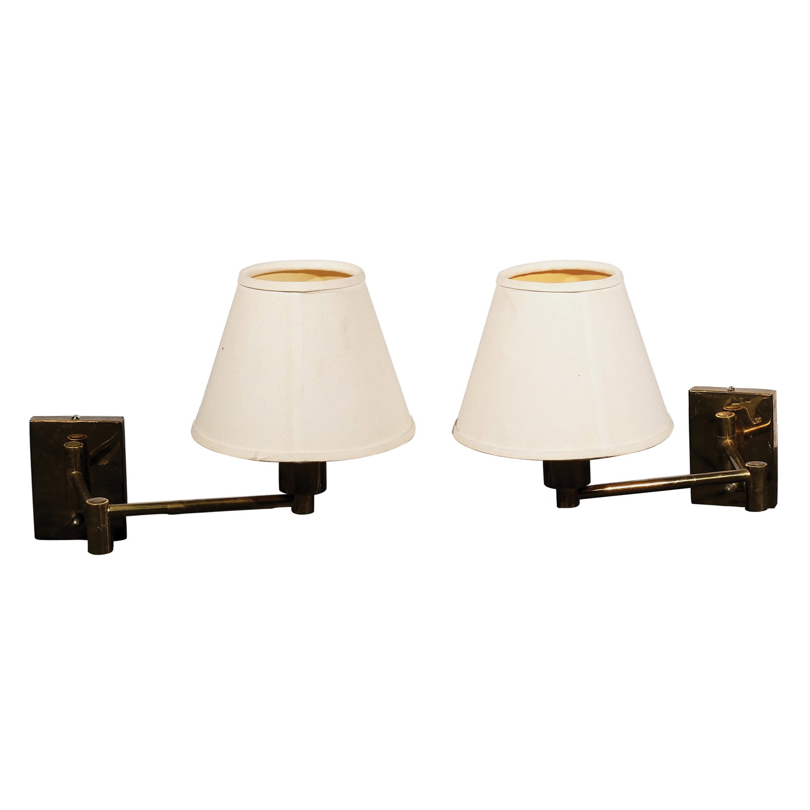A Pair of Articulated Wall Sconces: eachbody:H: 17” (43 cm)L: 5” (13 cm)W: 3 3/4” (10 cm) shade:H: 6 3/4” (17 cm)D: 8” (20 cm)