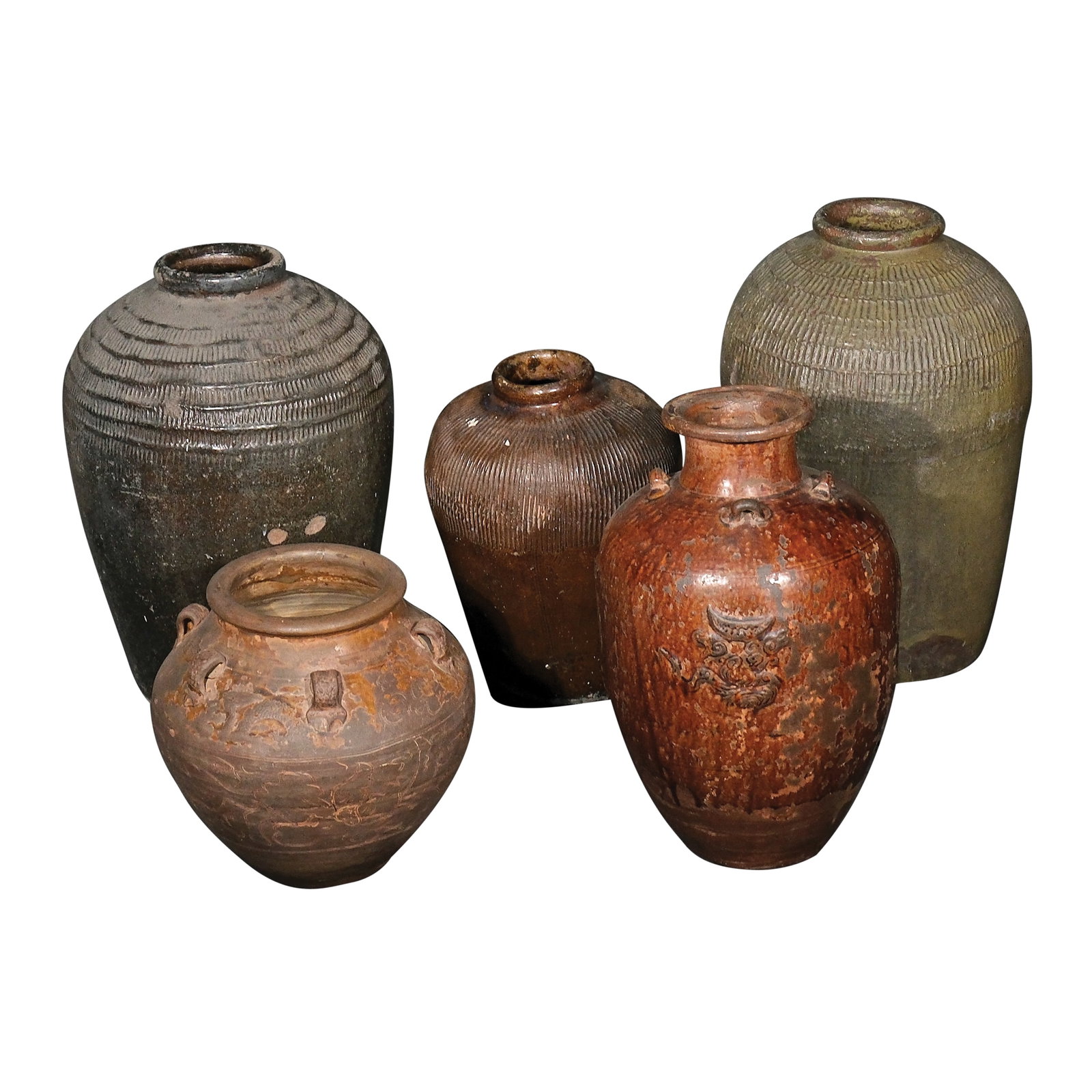 Five Antique Jars: a.) H: 8 1/2” (22 cm)D: 13 3/4” (35 cm) b.) H: 13 3/4” (35 cm)D: 10 1/2” (27 cm) c.) H: 19” (48 cm)D: 12 1/2” (32 cm) d.) H: 11 1/4” (29 cm)D: 11