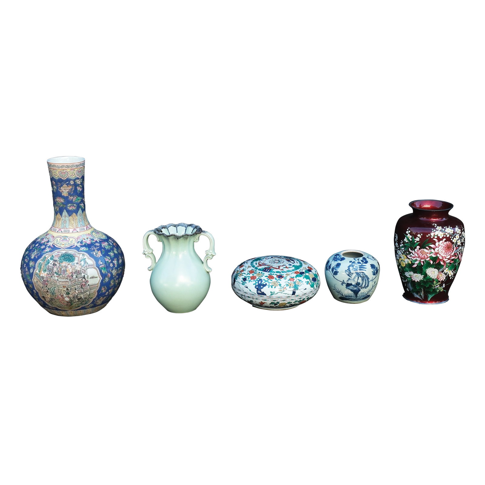 A Group of Five Oriental Potteries: a.) H: 25” (63 cm)D: 16” (41 cm) b.) H: 13 1/2” (34 cm)D: 12” (30 cm) c.) H: 6 1/4” (16 cm)D:14 1/2” (37 cm) d.) H: 7 1/2” (19 cm)D: 9” (23 cm) e.) H: