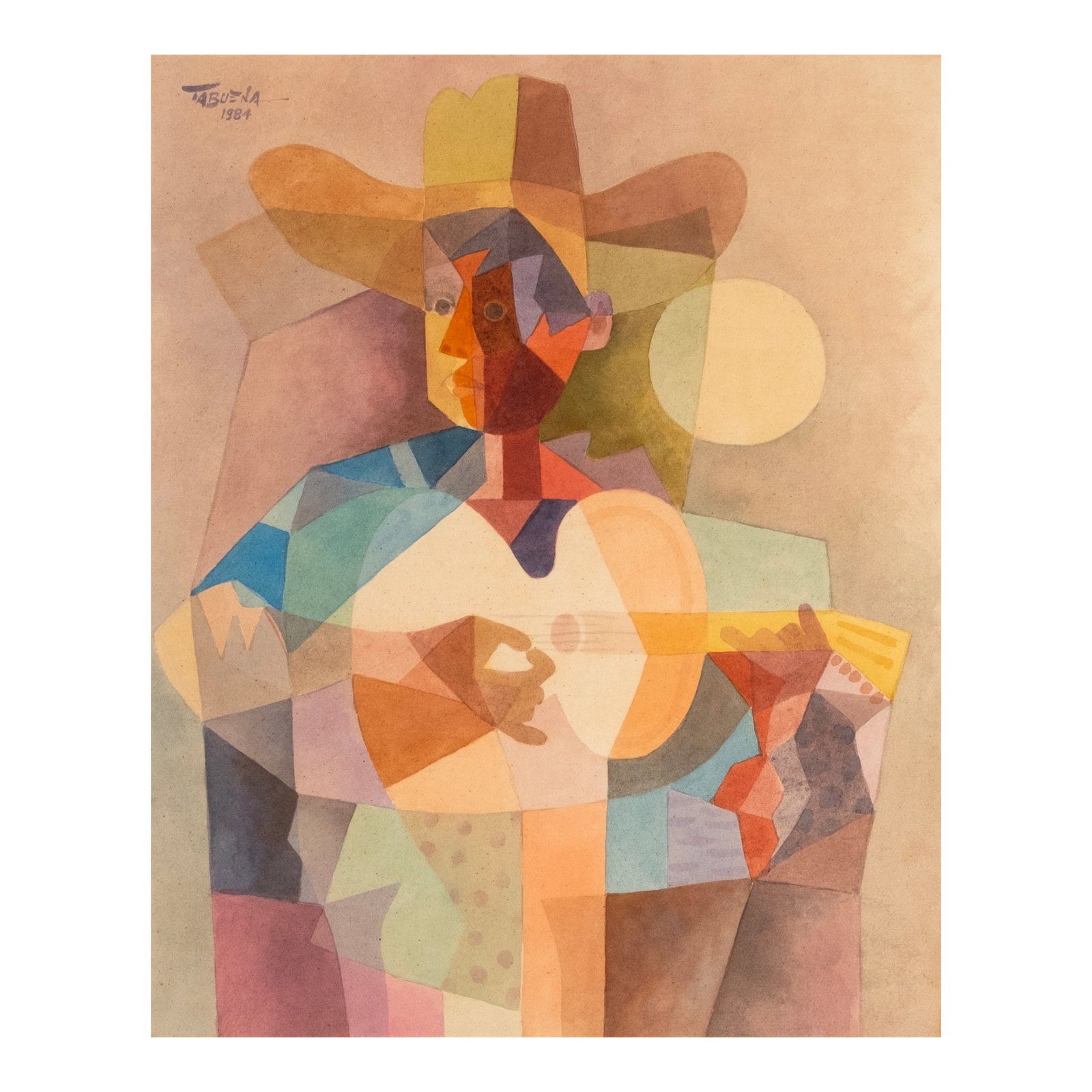 Romeo Tabuena (1921 - 2015): Guitarist signed and dated 1984 (upper left) watercolor on paper 20 1/4" x 16" (51 cm x 41 cm) PROVENANCE Private collection, Manila Fragmented yet ethereal, Romeo Tabuena’s Guitarist provides a