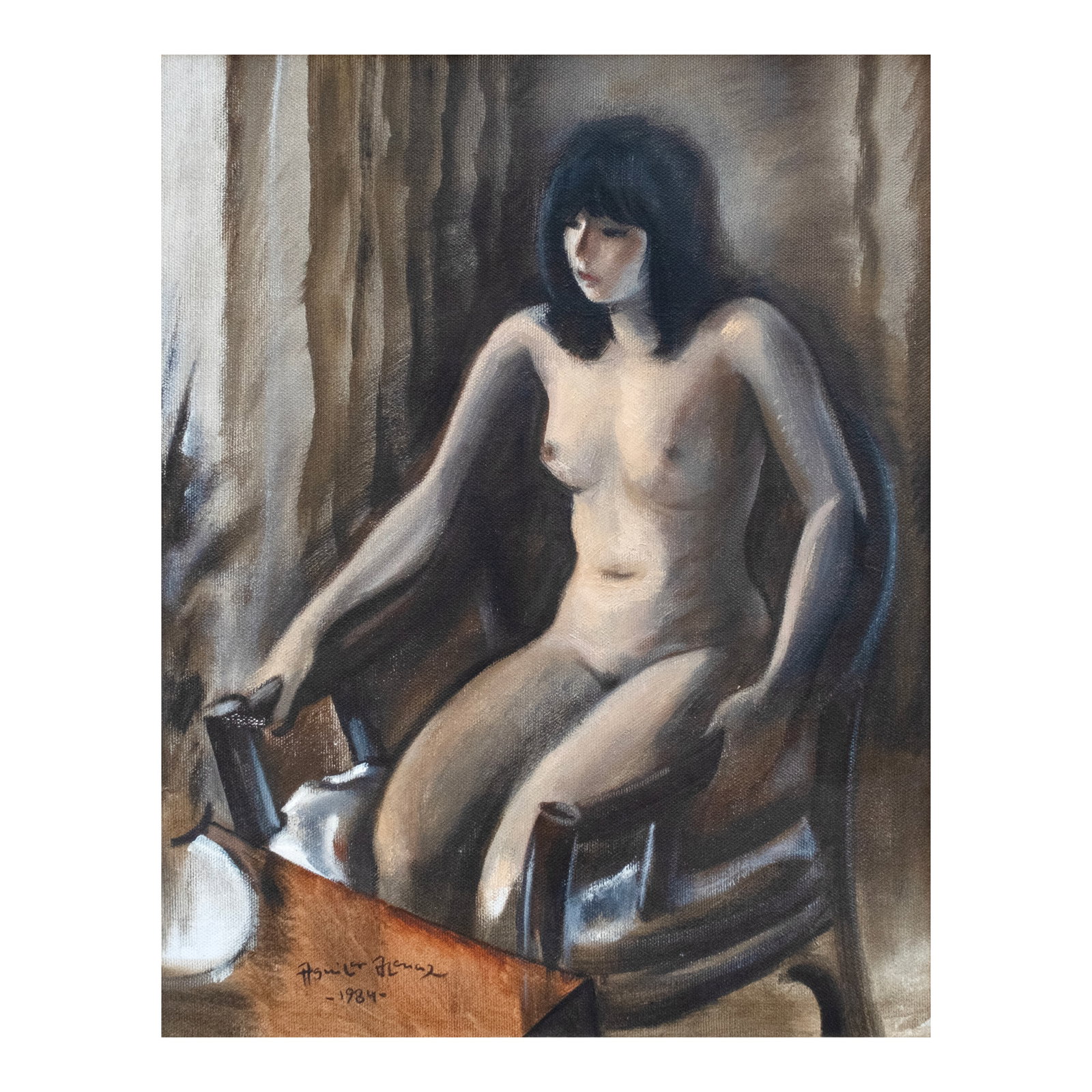 Federico Aguilar Alcuaz (1932 - 2011): Seated Nude signed and dated 1984 (lower left) oil on canvas 21 1/2" x 17" (55 cm x 43 cm) Leon Gallery wishes to thank Mr. Christian M. Aguilar for confirming the authenticity of this lot PROVENANCE 