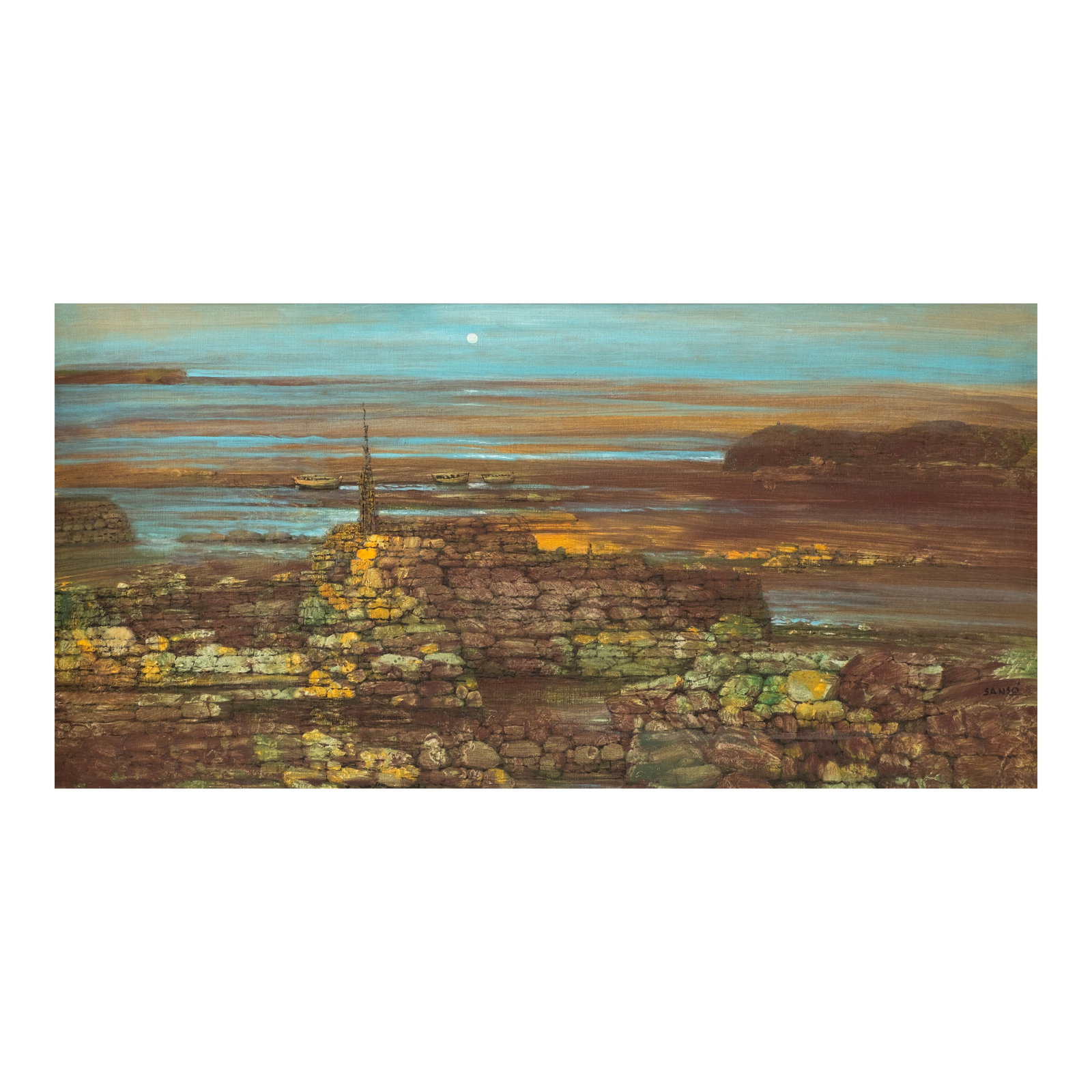 Juvenal Sans? (1929 - 2025): Tides in Repose signed (lower right) ca. 1960s acrylic on canvas 15 1/2" x 31 1/4" (39 cm x 79 cm) Accompanied by a certificate issued by Fundacion Sansó confirming the authenticity of this lot