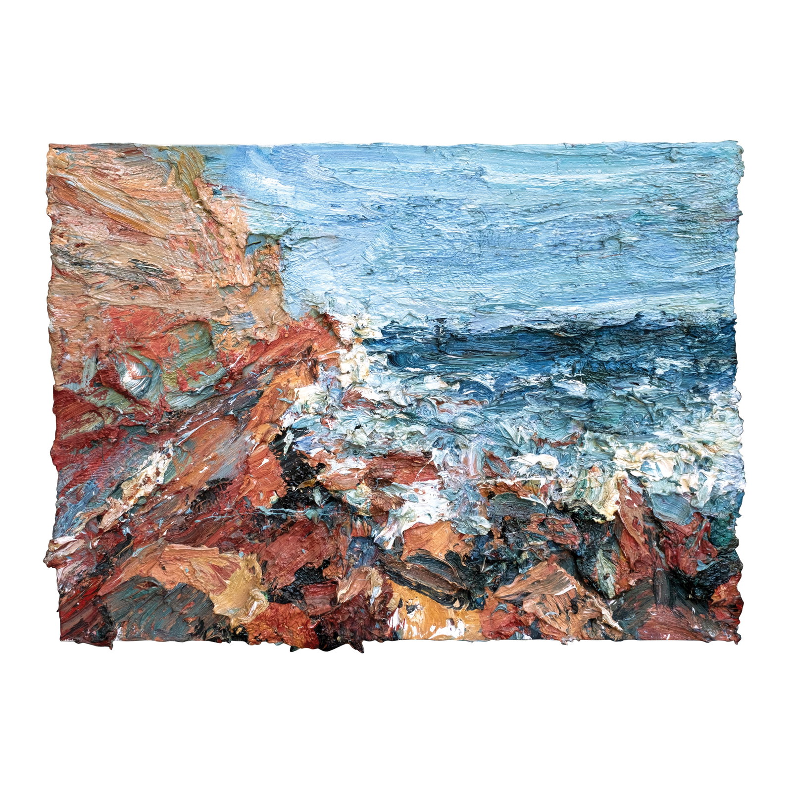 Lu Shanchuan (b. 1969): Sea No.4 ? No.4 dated 2016 (verso) oil on canvas 36" x 48" (91 cm x 122 cm) Acontemporary artist known for dynamic, reflective scenes, Lu Shanchuan presents a beautiful coastal landscape that delves d