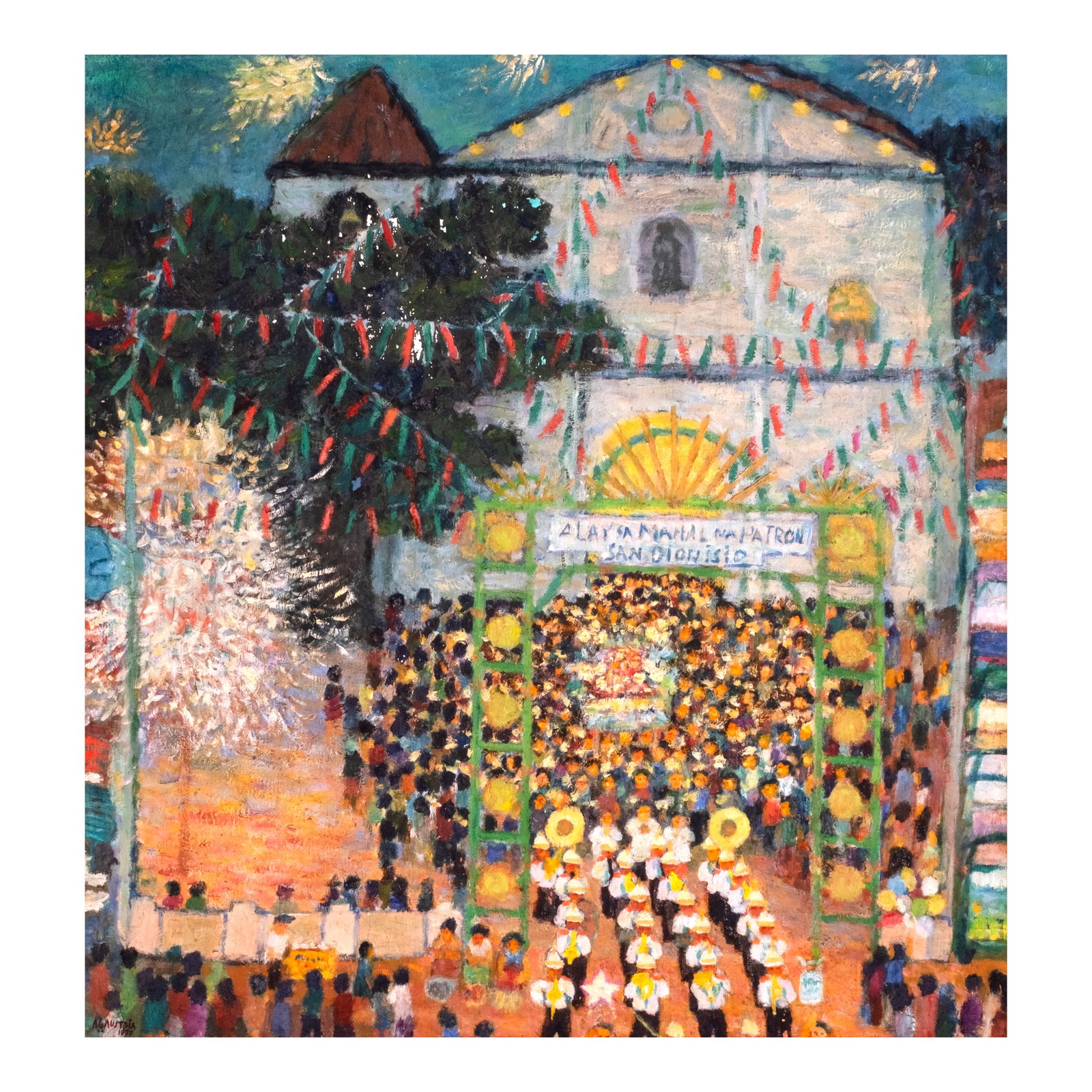 Antonio Austria (b. 1936): Prosisiyon signed and dated 1977 (lower left and verso) oil on sta. clara marine plywood 32" x 30" (81 cm x 76 cm) Every 9th of October, Roman Catholics gather to honor the life of San Dionisio (Saint
