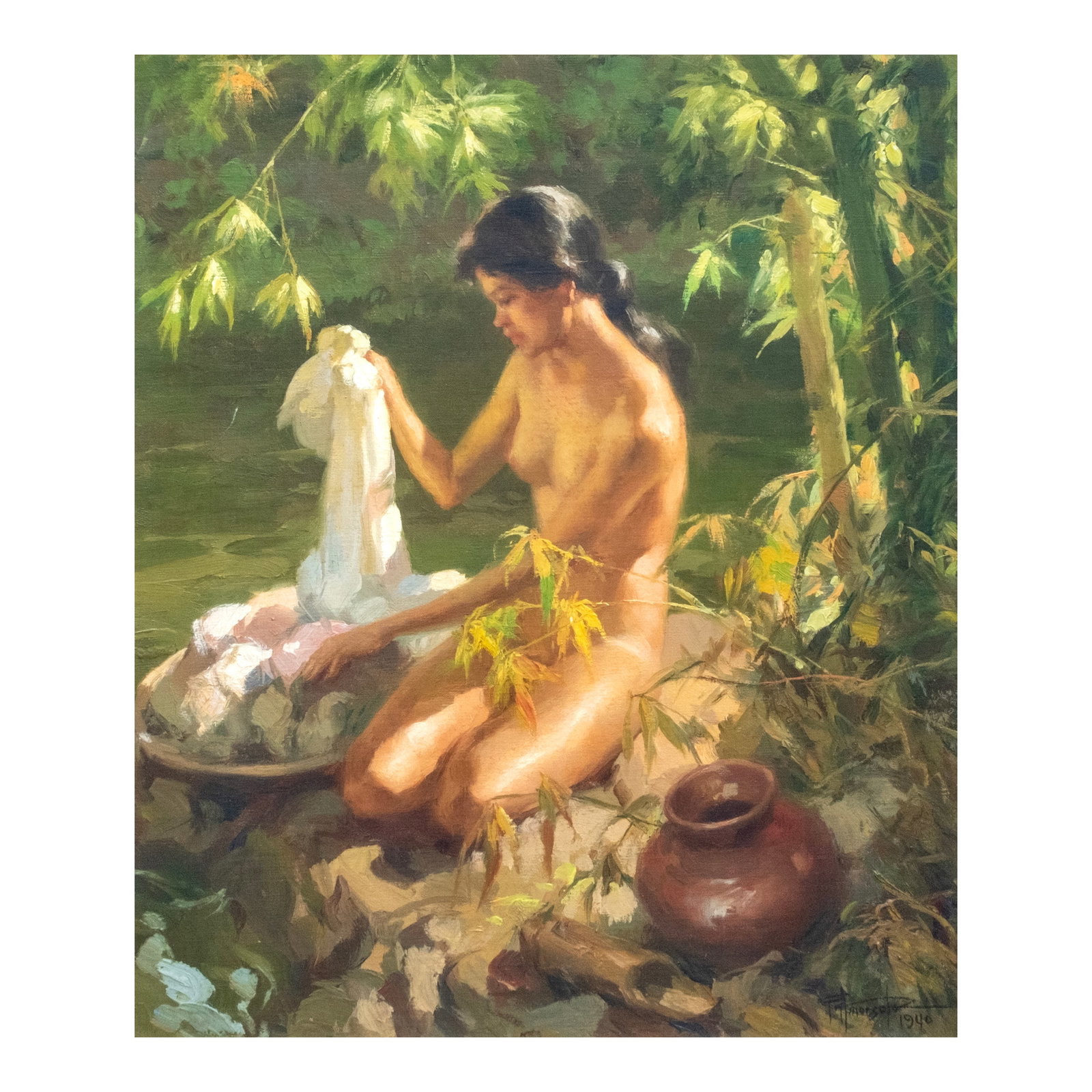 Fernando Amorsolo (1892 - 1972): PROPERTY FROM THE HON. GEORGE A. MALCOLM COLLECTION Lavandera signed and dated 1940 (lower right) oil on canvas 17" x 14" (43 cm x 36 cm) PROVENANCE Acquired directly from the artist LITERATURE