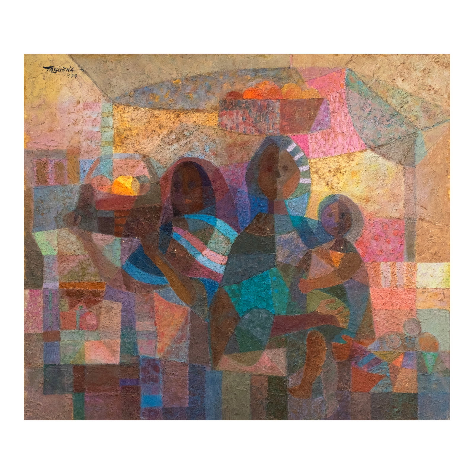 Romeo Tabuena (1921 - 2015): Market Vendors signed and dated 1974 (upper left) oil on masonite board 24" x 28" (61 cm x 71 cm) PROVENANCE Private collection, Manila Combining cubist geometry with Filipino cultural themes, Romeo T