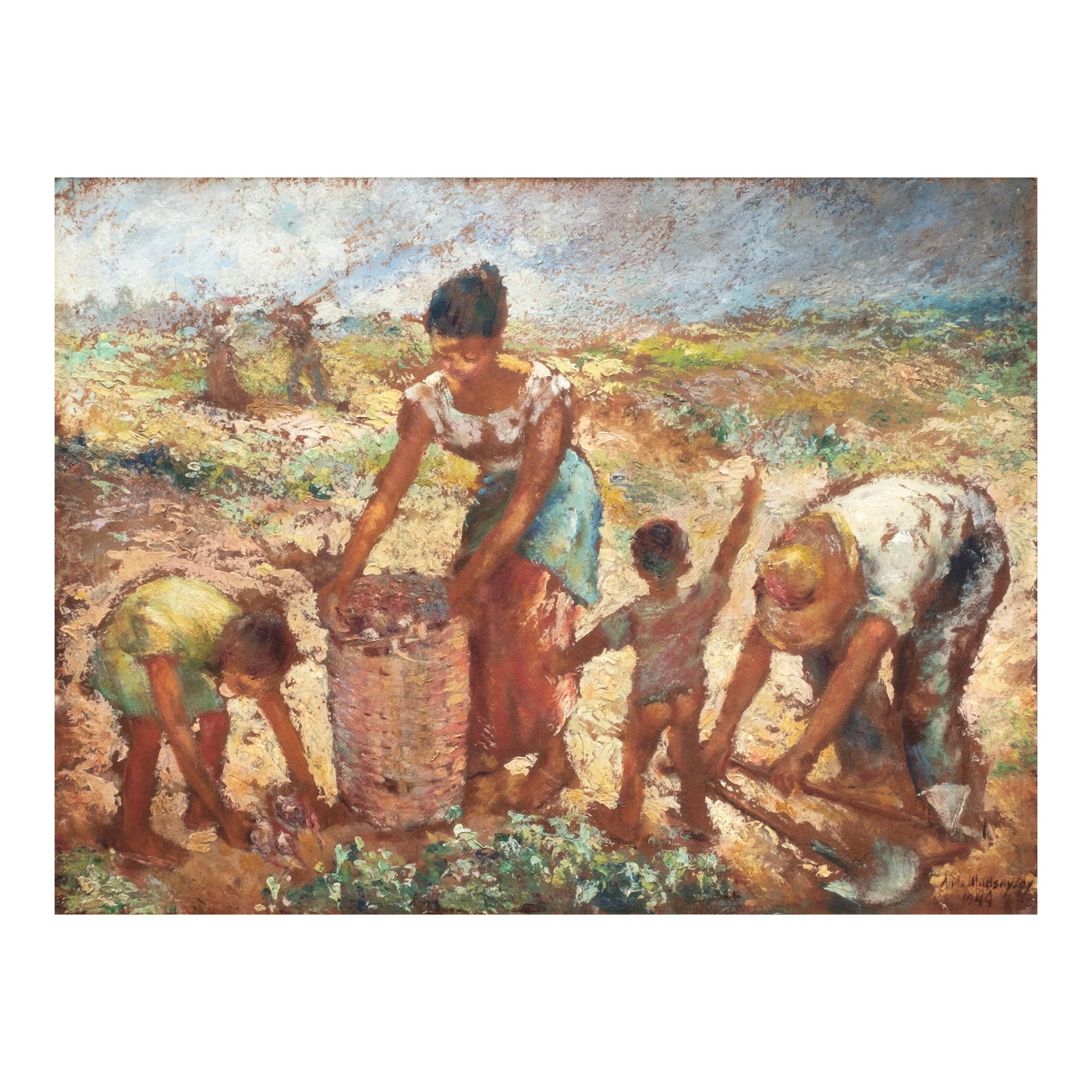 Anita Magsaysay-Ho (1914 - 2012): PROPERTY FORMERLY FROM THE BENGUET CORPORATION COLLECTION In the Farm / Digging Camotes / Family signed and dated 1944 (lower right) oil on board 18" x 24" (46 cm x 61 cm) PROVENANCE Benguet Corporati