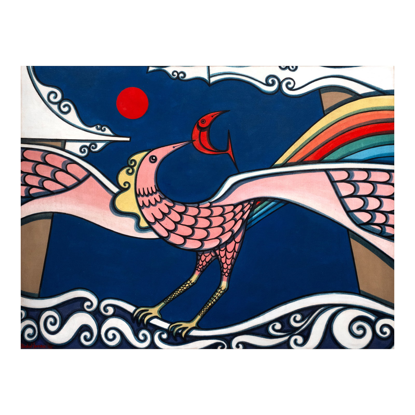 Abdulmari Imao (1936 - 2014): Sarimanok signed and dated 1975 (lower left) acrylic on canvas 26 1/2" x 34 1/2" (67 cm x 88 cm) PROVENANCE Private collection, Manila Known for using the Sarimanok motif in his artworks to popularize