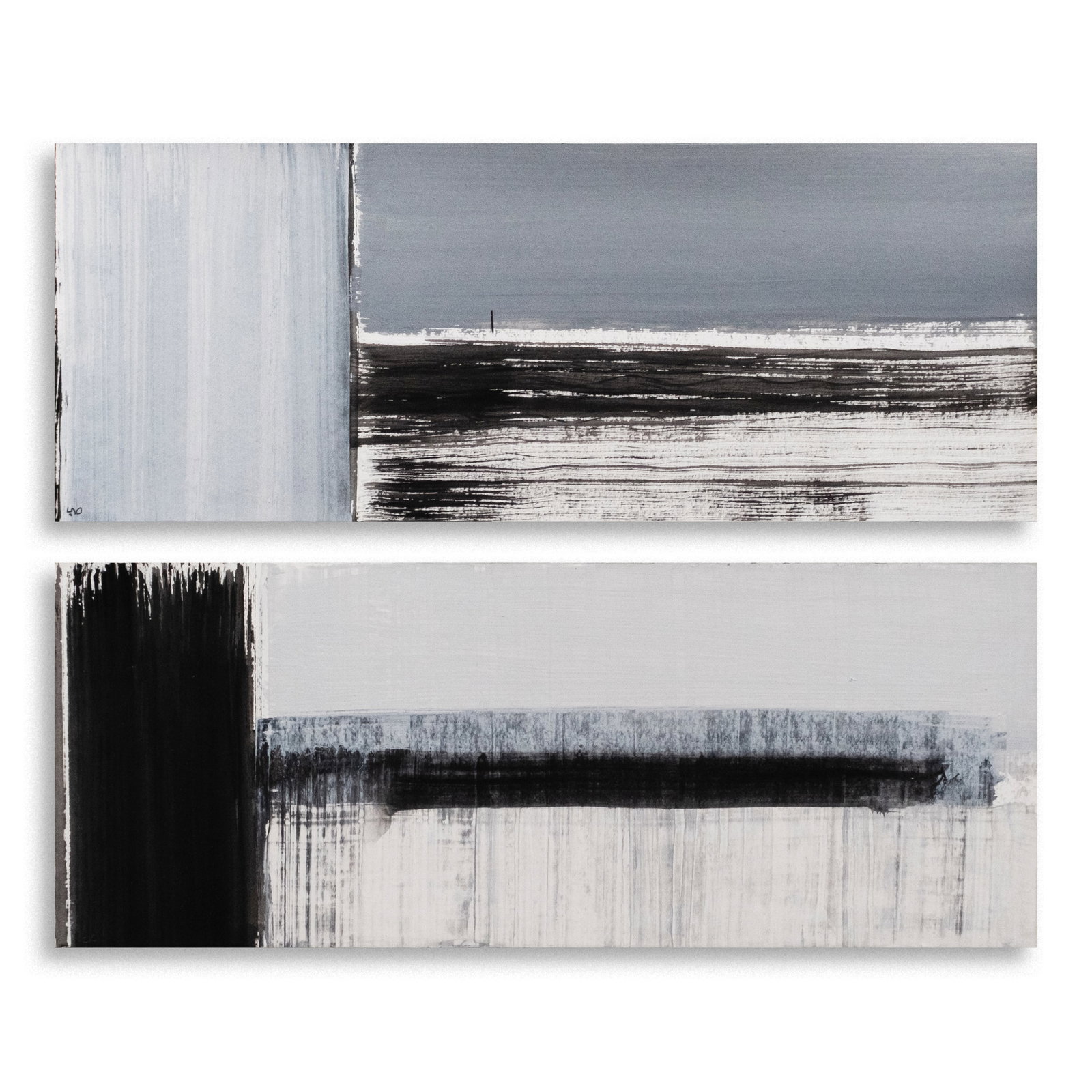 Lao Lianben (b. 1948): a.) Tryst dated 2020 signed (lower left) acrylic 7 3/4" x 19 3/4" (20 cm x 51 cm) b.) Tryst signed (lower left) dated 2020 acrylic 7 3/4" x 19 3/4" (20 cm x 51 cm) Each piece is acc