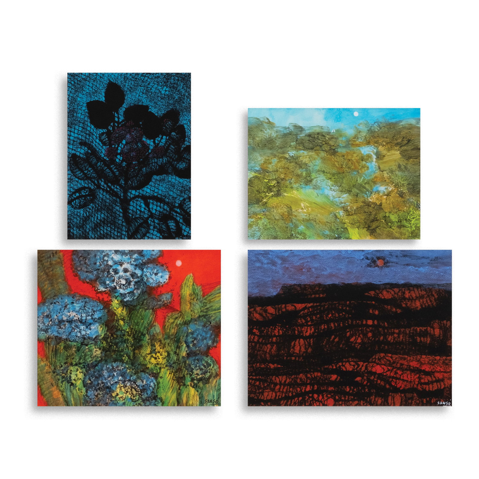 Juvenal Sans? (1929 - 2025): a.) Dark Flowers signed (lower right) ca. 1980's acrylic on paper 12 1/4" x 9" (31 cm x 23 cm) b.) Hidden Tributary signed (lower right) dated 1981 acrylic on paper 11 1/4" x 15" (29 cm x 38 c