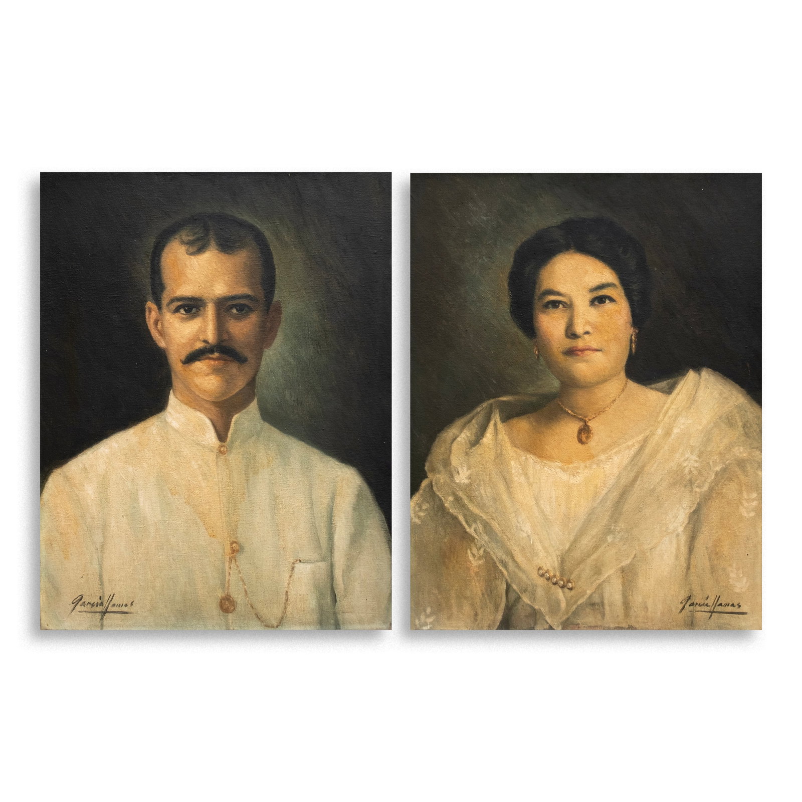 Antonio Garcia Llamas (1912 - 1999): a.) Portrait of Don Cresencio Rebullida signed (lower left) oil on canvas 27" x 21" (69 cm x 53 cm) b.) Portrait of Doña Candida Rebullida signed (lower right) oil on canvas 27" x 21" (69 cm x 