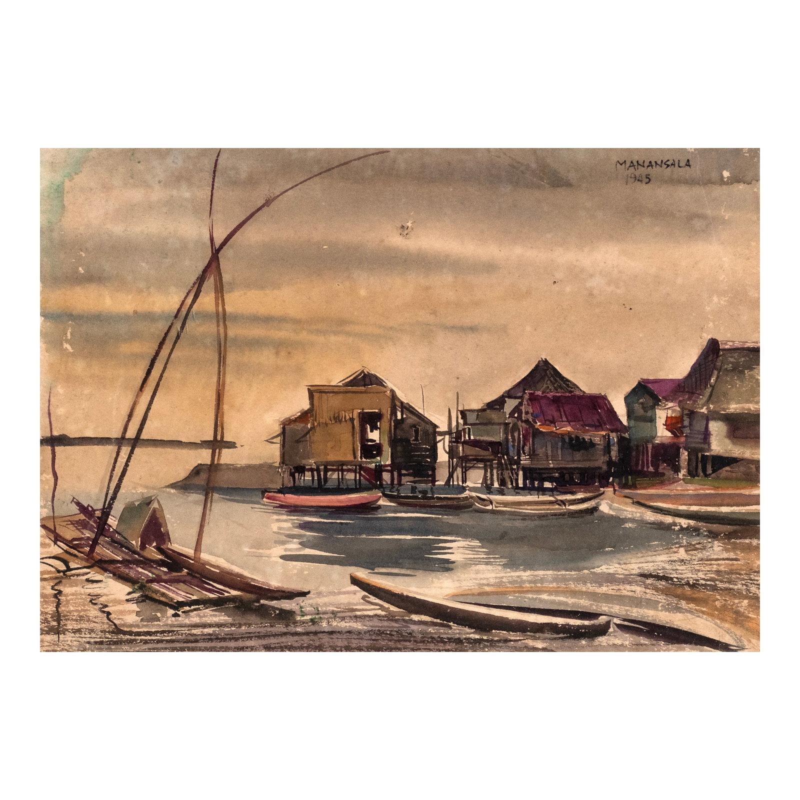 Vicente Manansala (1910 - 1981): PROPERTY FROM THE D ON ANTONI O BANTUG COLLECTI ON Barung-barong signed and dated 1945 (upper right) watercolor on paper 8 1/4" x 11 3/4" (21 cm x 30 cm) Watercolor painting had always been Vicente Ma