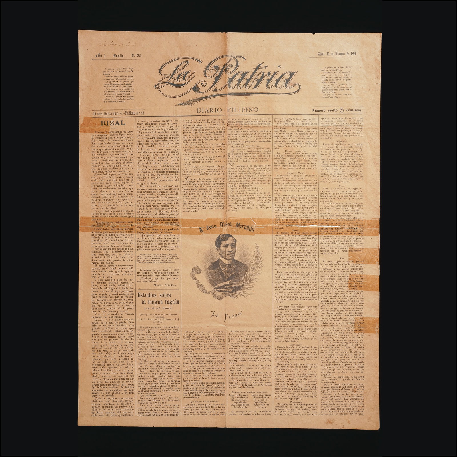 La Patria (Diario Filipino) Published by Don Juan Utor y Fern?ndez Editor, Aurelio Tolentino (1 of 4)