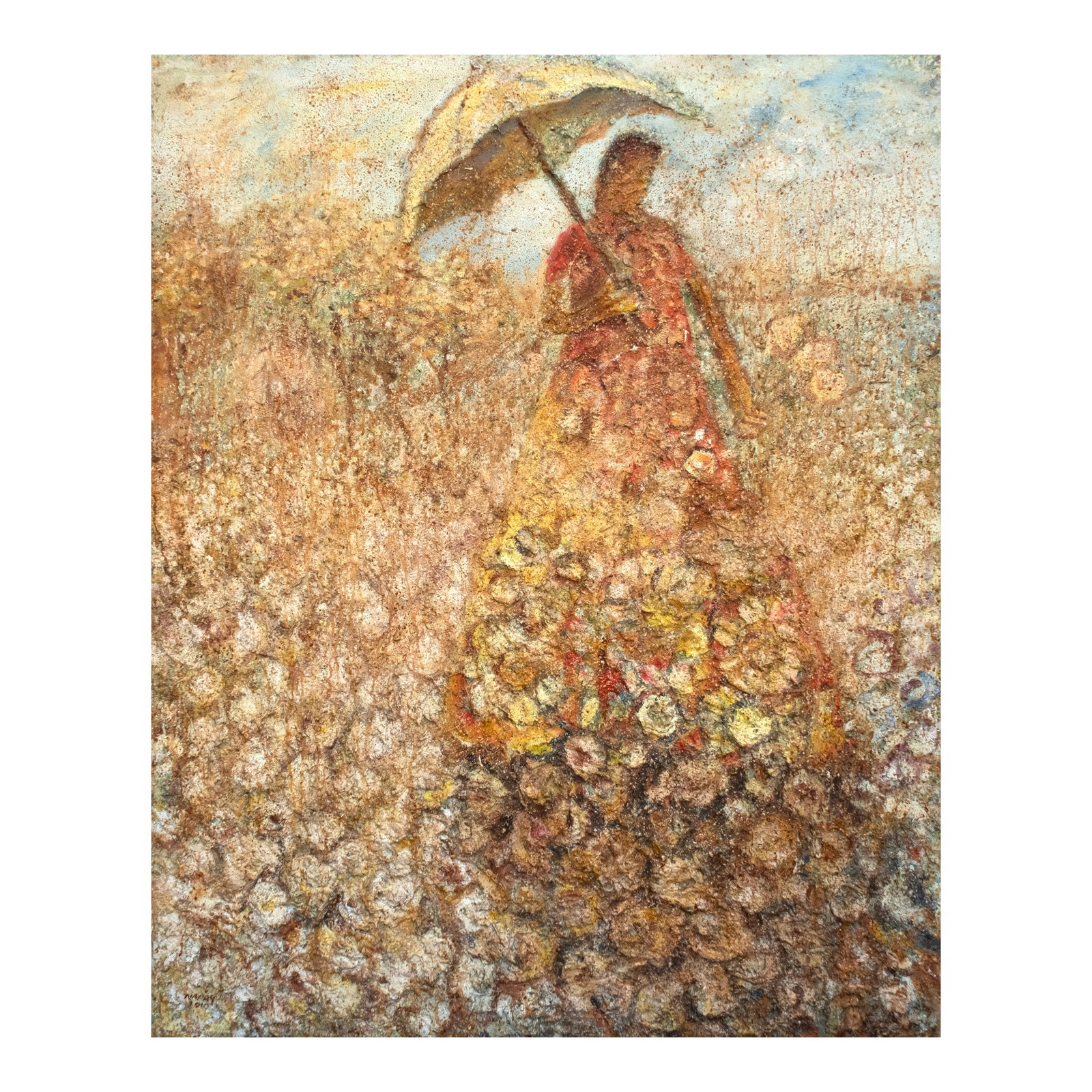 Raffy Napay (b. 1986): My Mother signed and dated 2010 (lower left) oil, acrylic, saw dust and burlap 60" x 48" (152 cm x 122 cm) Accompanied by a certificate issued by Blanc Gallery and signed by the artist confirming the 